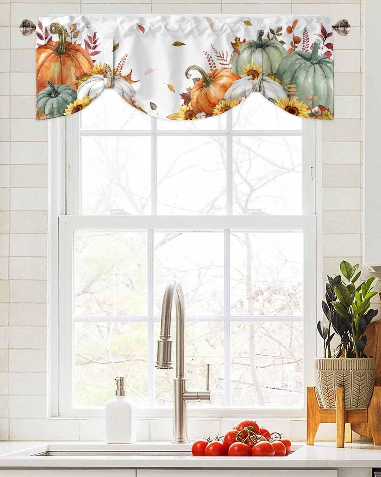 BOBOWUNY Sage Green Fall Tie Up Valances for Windows/Kitchen/Bathroom/Bedroom, Orange White Pumpkins Sunflower Thanksgiving Maple Adjustable Curtain Valance Balloon Window Shades Small Drapes Panel 54''x18''