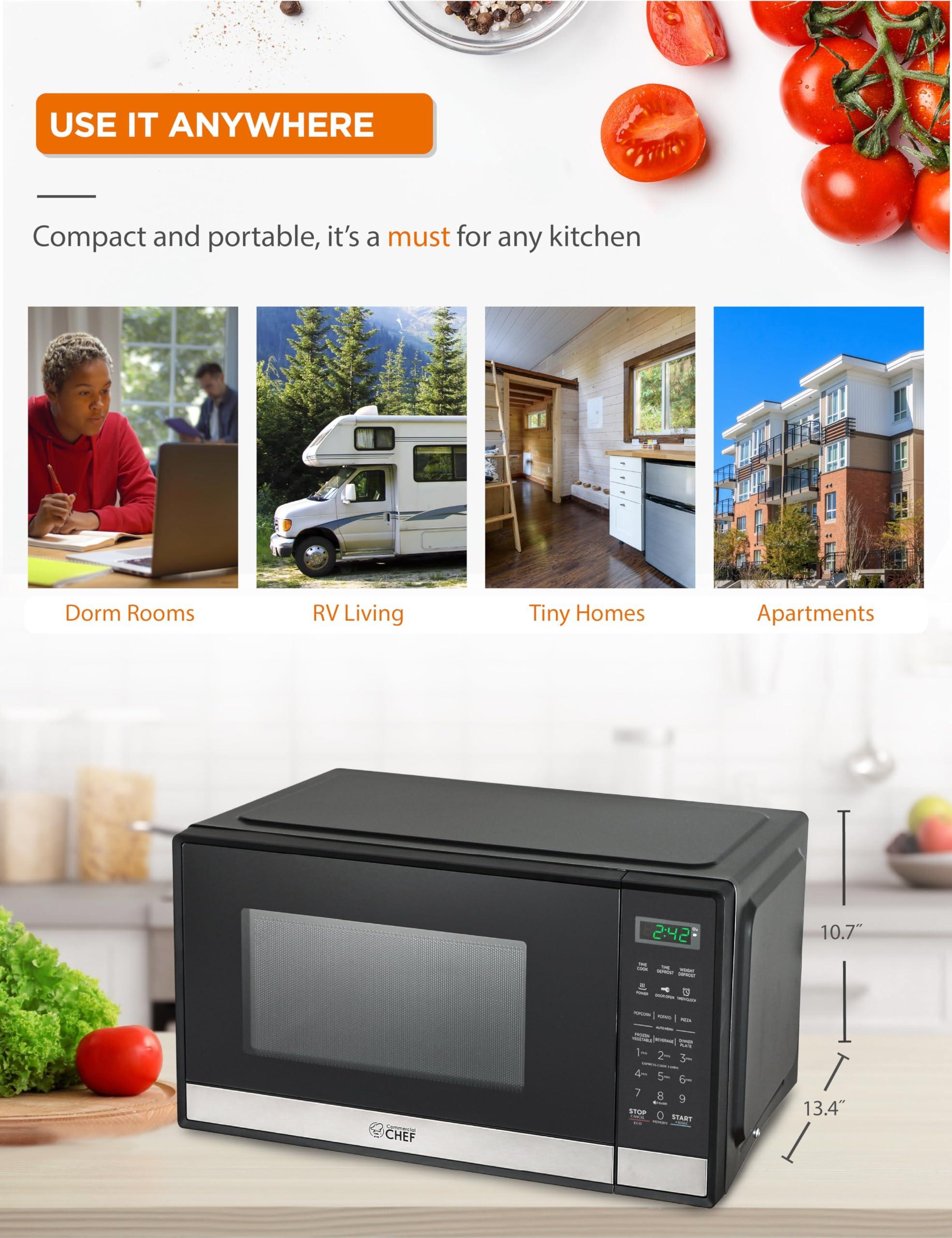 Commercial CHEF Commercial CHEF Small Microwave 0.9 Cu. Ft. Countertop Microwave with Touch Controls & Digital Display, Stainless Steel Microwave & 10 Power Levels, Outstanding Portable Microwave with Pull Handle