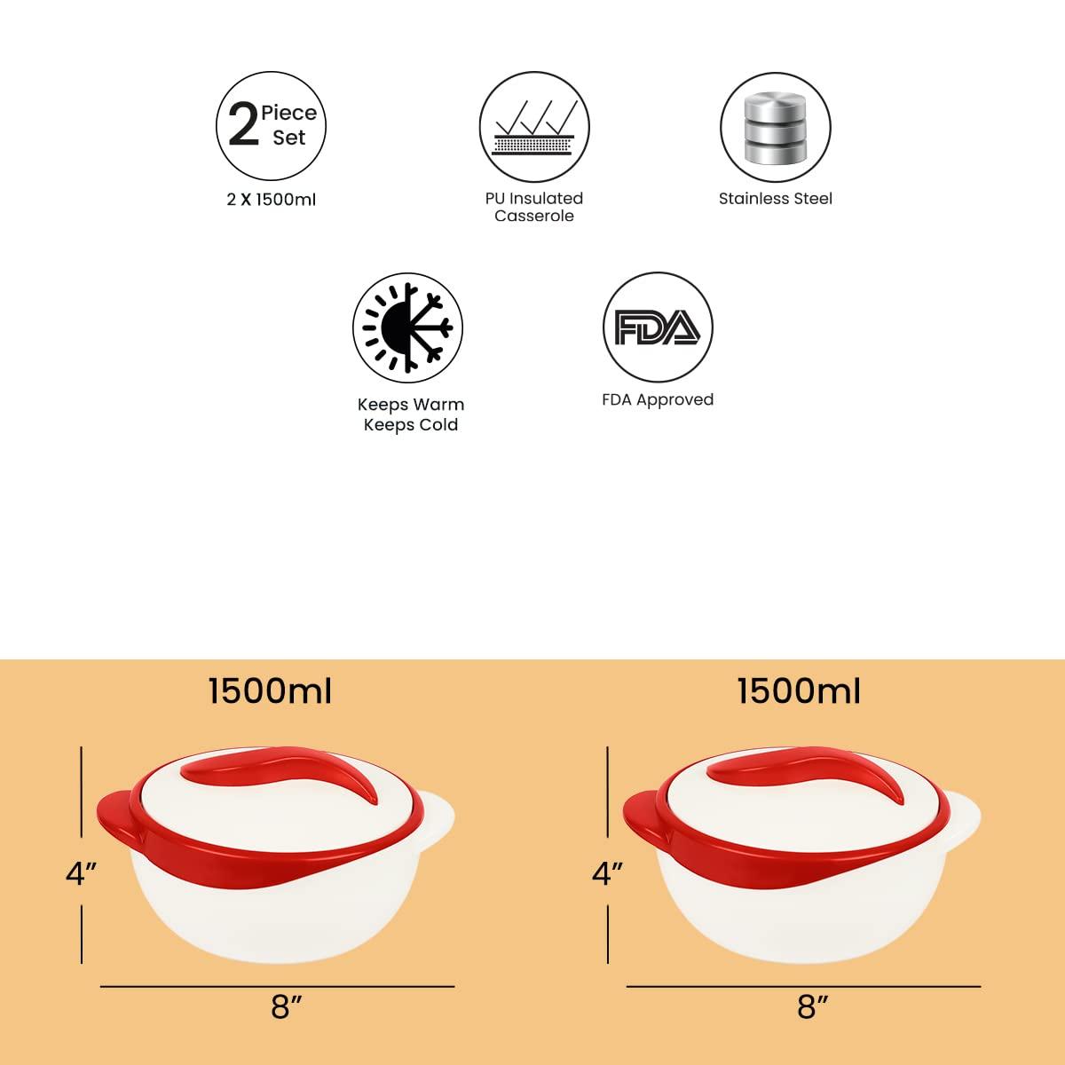 Pinnacle Thermoware Pinnacle Insulated Casserole Dish with Lid 1.5 qt. Hot Pot Food Warmer/Cooler Great Thermal Soup/Salad Serving Bowl- Stainless Steel Hot Food ContainerBest Gift Set for Moms Holidays Red/white