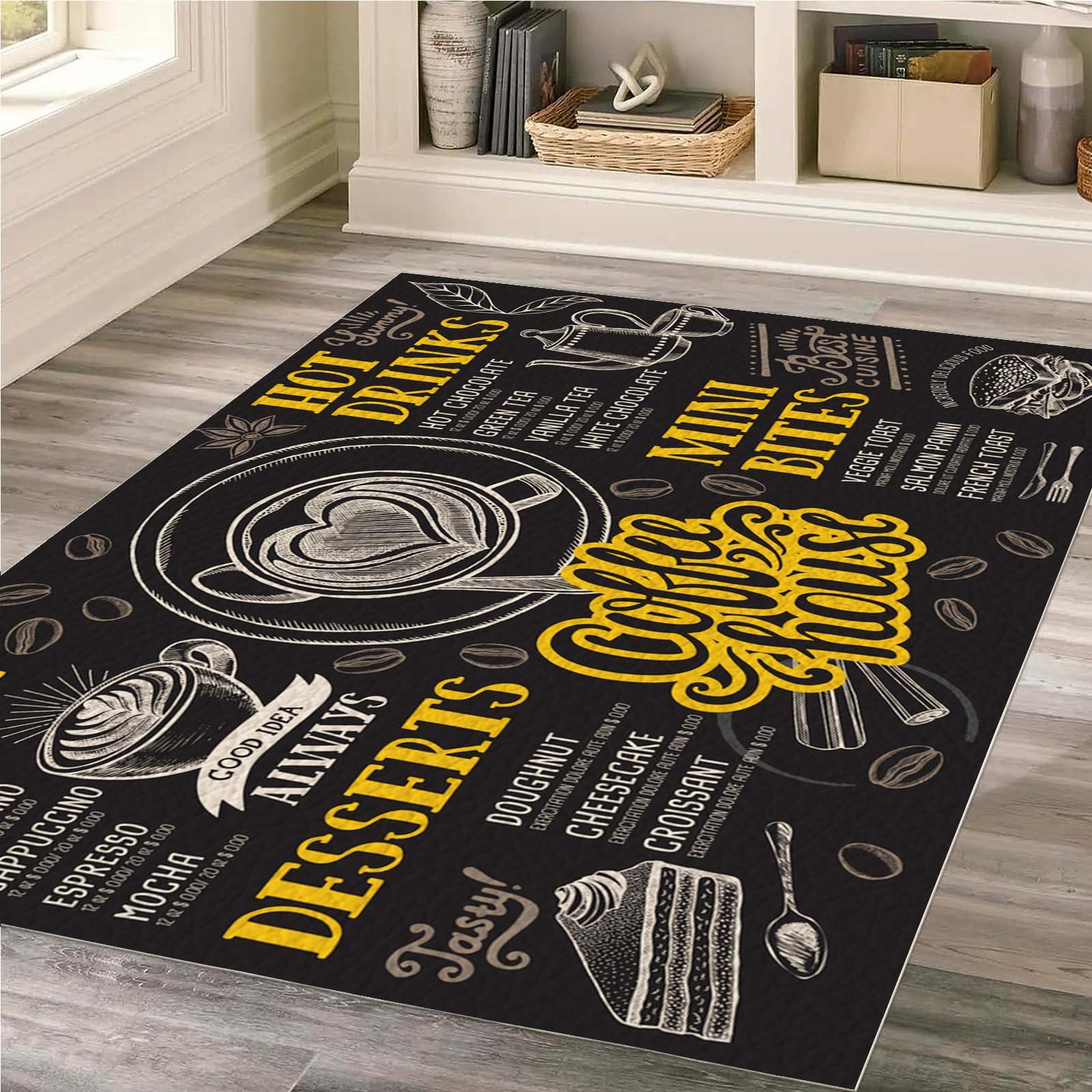 MiZuH Coffee House Area Rug, 3x6 Entry Rug Non-Slip Washable Indoor Door Mat, Stain Resistant Waterproof PU Leather Rug for Bedroom Kitchen Entryway Bathroom (Black/Gold)