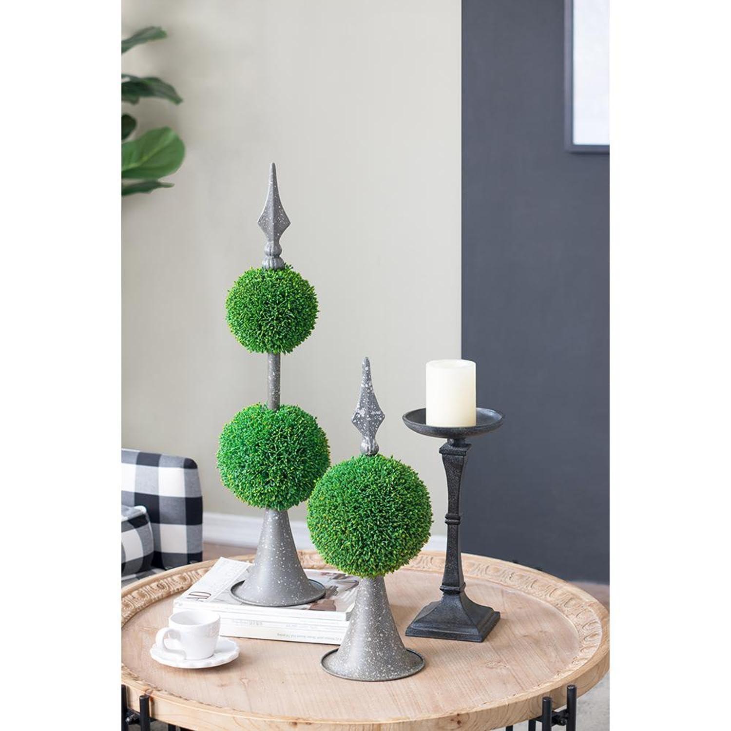 T2 CONCEPT T2 CONCEPT 26 Tall Artificial Two Tiered Boxwood Topiary on Artistic Metal Spire, Faux Greenery, Home Decor Botanical Accent, for Living Room, Entryway, Porch