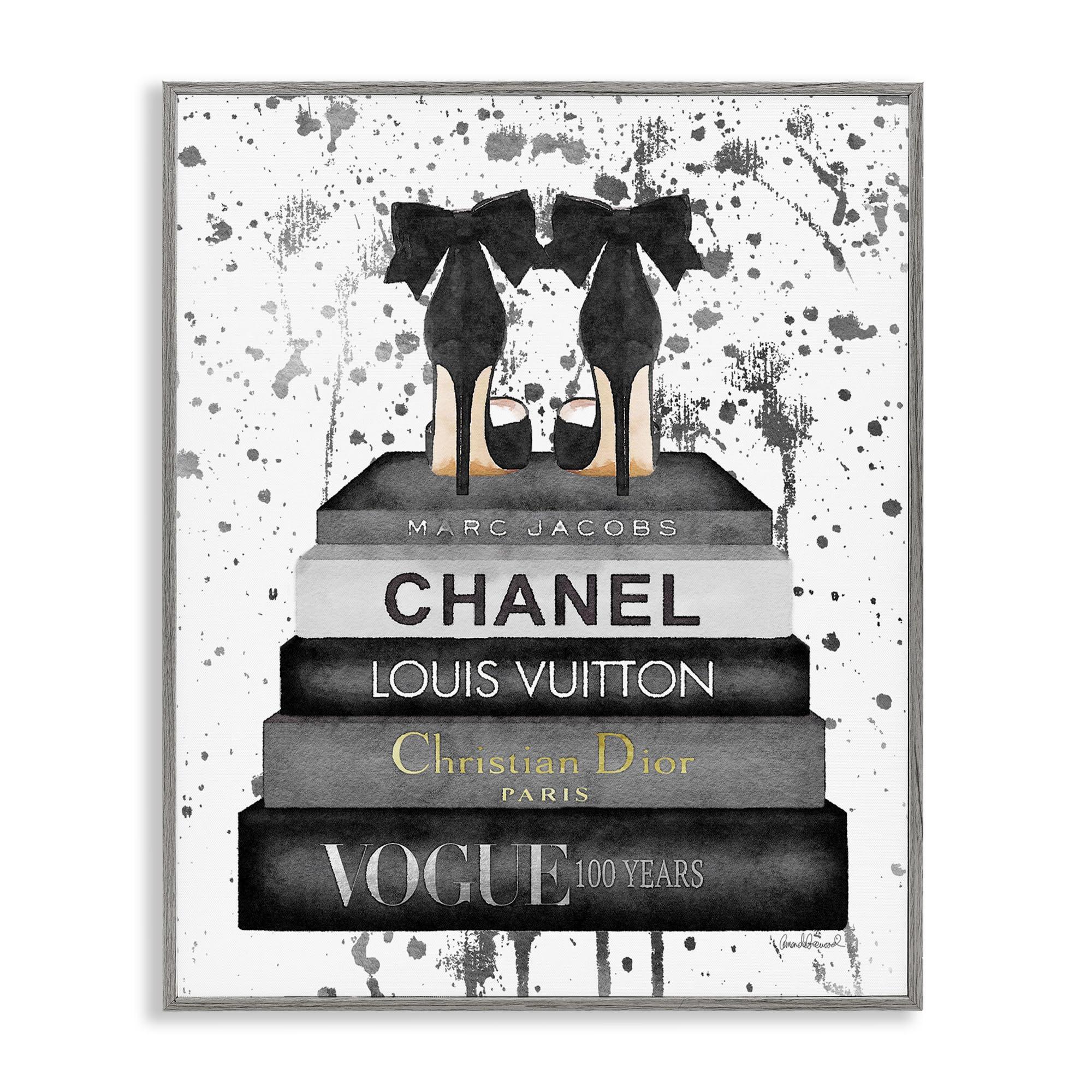 Stupell Industries Stupell Industries Glam Fashion Book Stack Grey Bow Pump Heels Ink, Design by Amanda Greenwood Gray Framed Wall Art, 24 x 30, Black