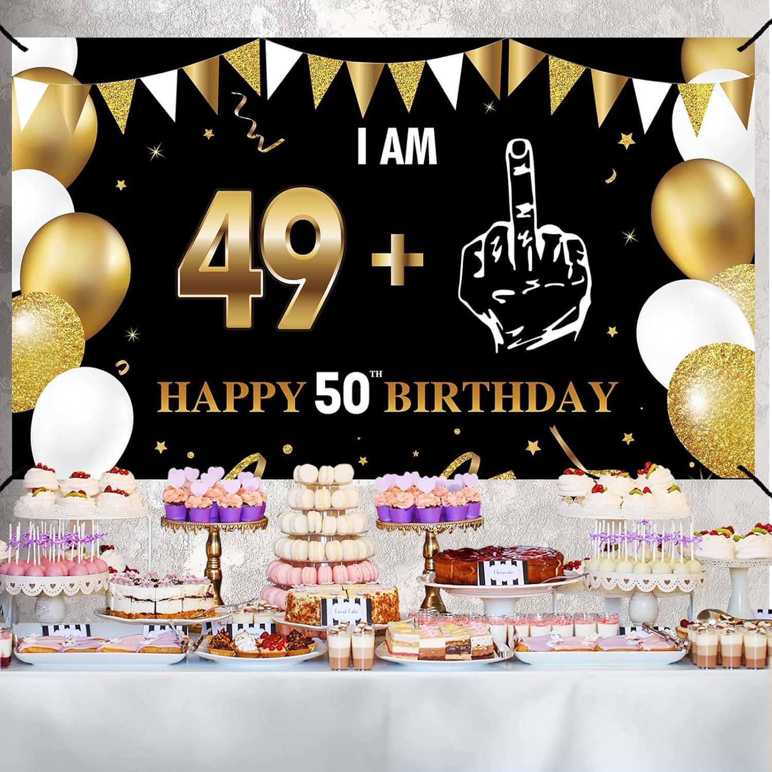 Turypaty Turypaty Black Gold 50th Birthday I Am 49+1 Banner Backdrop Tablecloth Decorations for Men Women, Cheers to 50 Years Table Cover Party Supplies