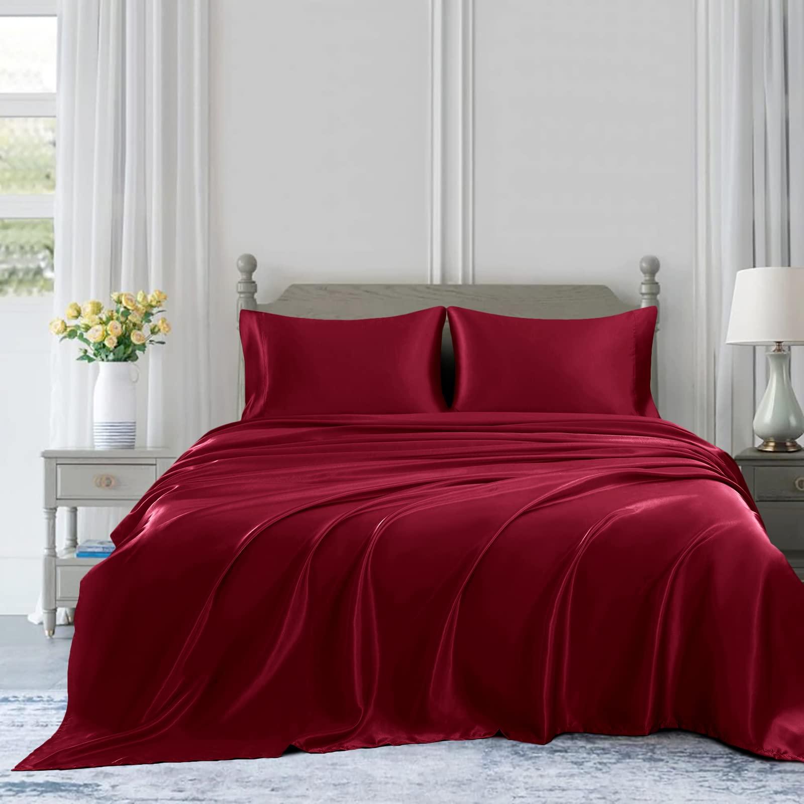 Impression Bedding Impression Bedding Hotel Luxury Silk Satin Sheet Set King Size Bed Set 4 Piece Burgundy Durable & Soft (Flat Sheet + Fitted 15\'\' + 2 Pillowcases) Satin Sheets