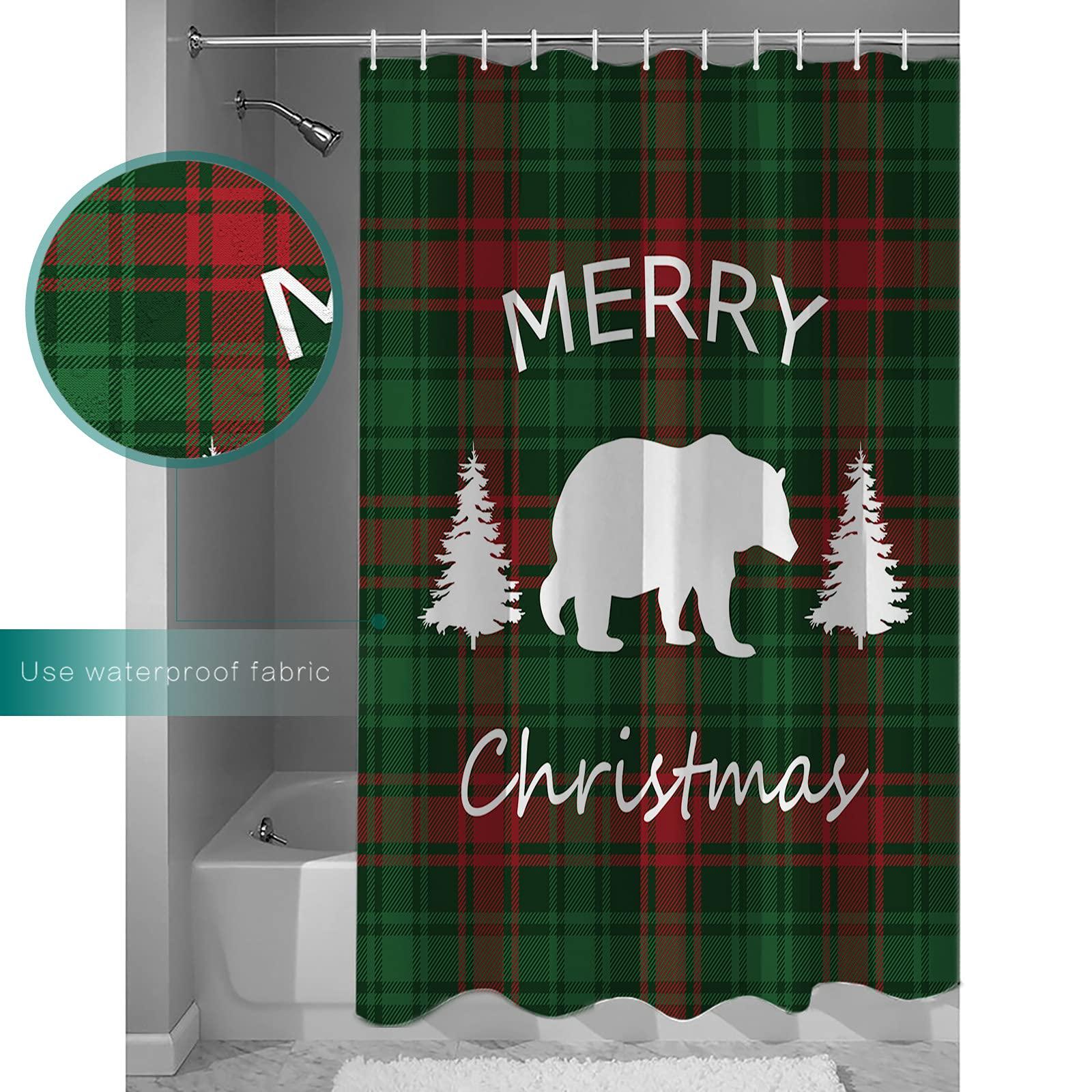 Prime Leader Christmas Shower Curtain for Bathroom Merry Christmas Bear and Tree Red Green Buffalo Plaid Waterproof Shower Curtain Set with 12 Hooks Washable Shower Curtains for Bathtubs Hotel 36\" x 72\"