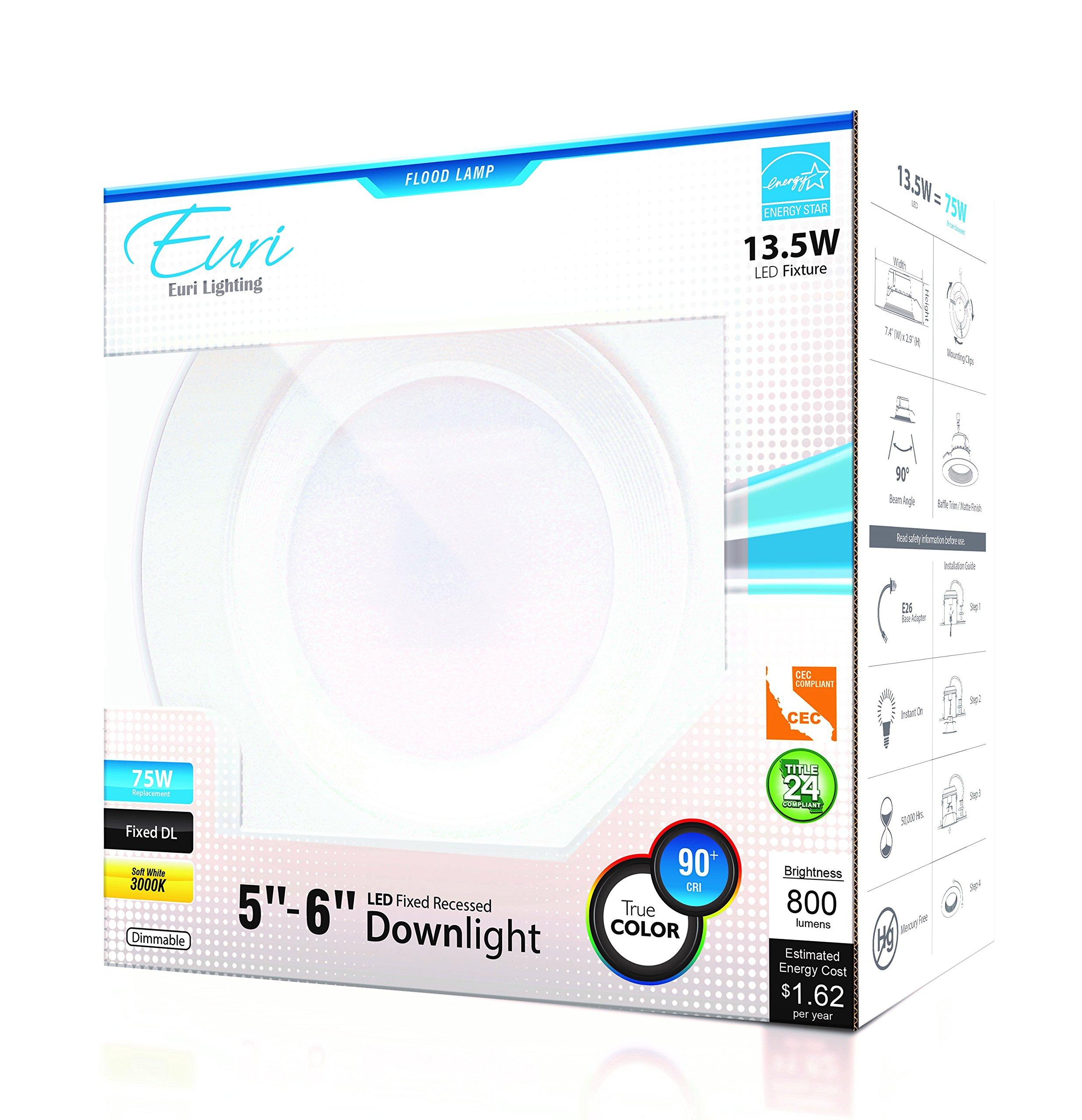 Euri Lighting Euri Lighting DLC-2000e LED 5/6\" Retrofit Downlight, Soft White 3000K, Dim, 13.5W (75W Equal) 800lm, 90 Degree Angle, 90+ CRI, E26, UL & Energy Star, T24, CEC, One Count