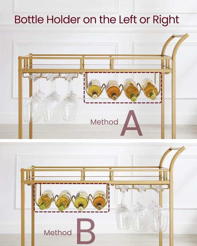 VASAGLE VASAGLE Bar Cart Gold, Home Bar Serving Cart, Wine Cart with 2 Mirrored Shelves, Wine Holders, Glass Holders, for Kitchen, Dining Room, Gold ULRC090A03
