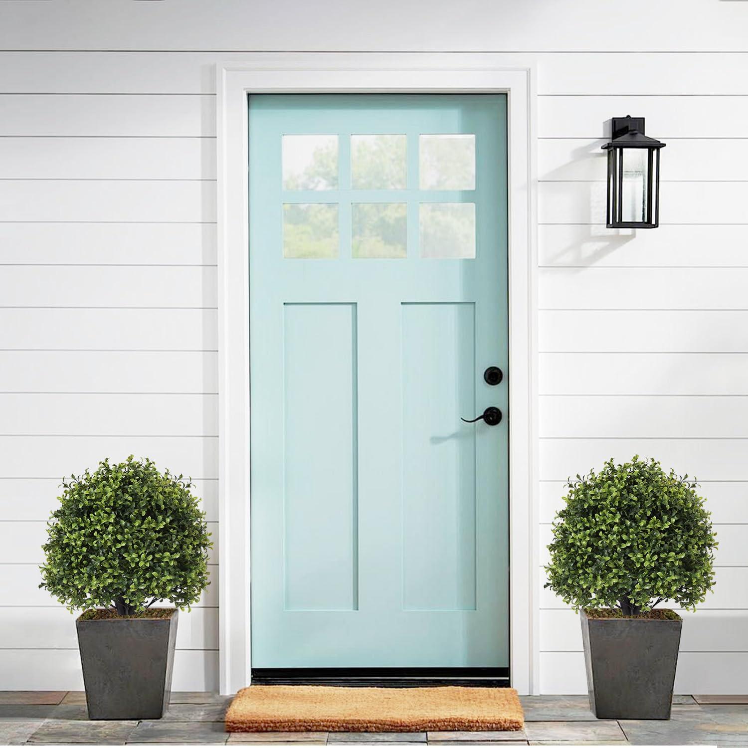 Azoco Azoco 27 Realistic Artificial Topiary Trees Set of 2, Faux Boxwood Plants Outdoor with Cement Planter, UV-Resistant Fake Evergreen Potted Ball Bushes & Shrubs for Front Porch Patio Entryway Decor