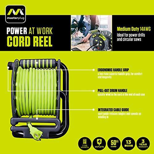 Masterplug Masterplug 50ft Cord Reel, Retractable Extension Lead with Winding Handle, Safety Overload Circuit Breaker and Power Switch, 4X Grounded Outlets, 2X USB Ports, 13amps, 14AWG Cable
