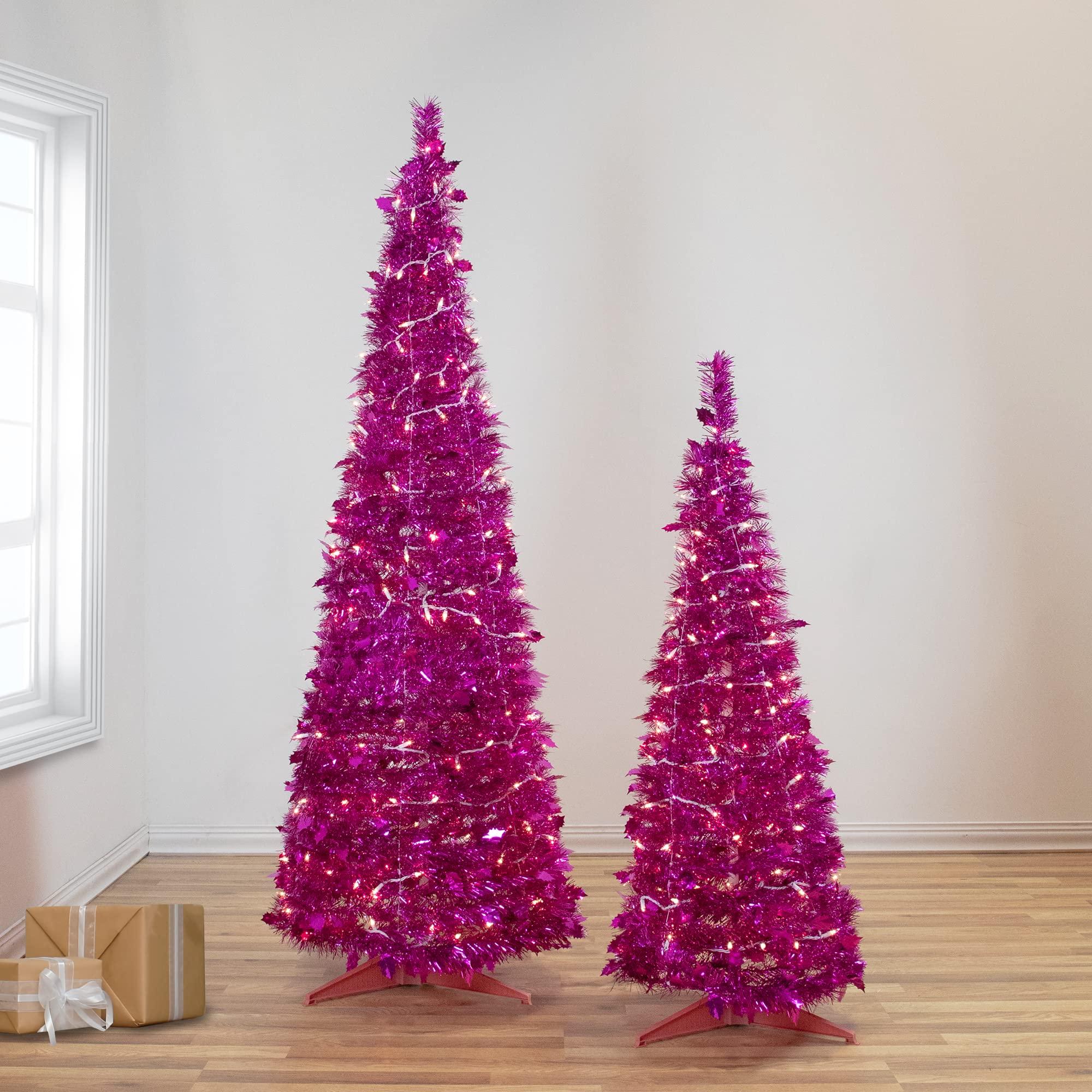 Northlight Northlight 6' Pre-Lit Pink Tinsel Pop-Up Artificial Christmas Tree, Clear Lights