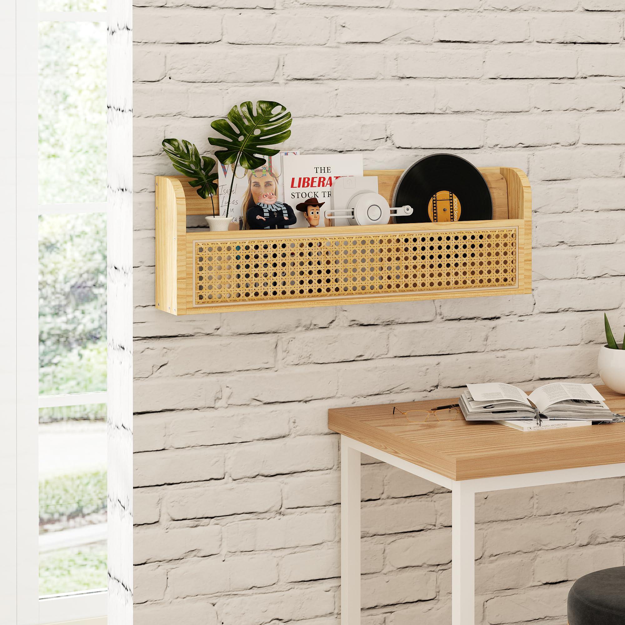 Ecowillon Ecowillon Wooden Rattan Wall Shelf - 24 Nursery Hanging Book Shelves for Wall, Picture Ledge Wicker Shelf, Boho Decorative Shelves for Netural Nursery Decor, Floating Rattan Shelf for Office,Bedroom
