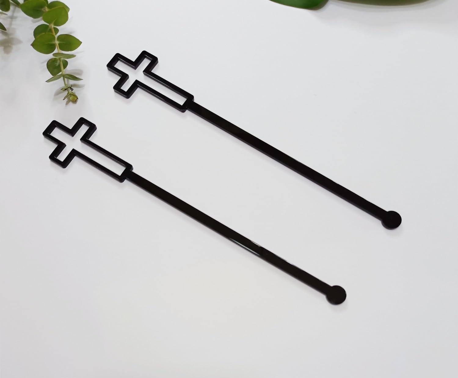 Yuxuanish Cross Cocktail Stirrers Swizzle Stir Stick,20pcs of Drink Stirrers,Acrylic Stir Sticks for Baptism,First Communion Decorations (Black)