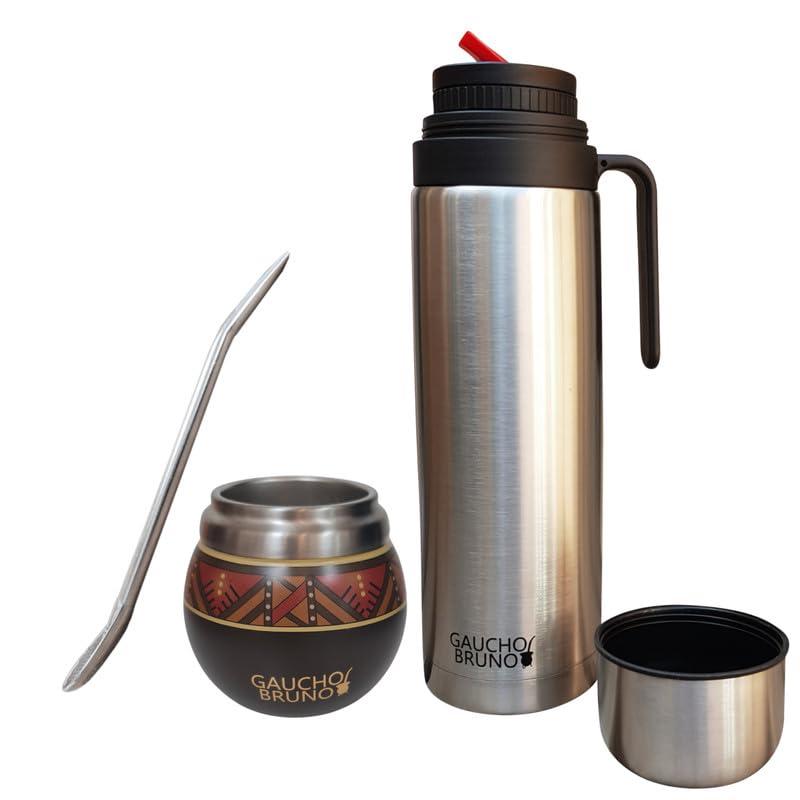 Gaucho Bruno Gaucho Bruno - Stainless Steel Mate to Drink Yerba Mate | Maintains Drink Temperature | Designed to Look Like a Natural Gourd | With Bombilla and 1 Litre Flask with Precision Pour Spout pico Cebador