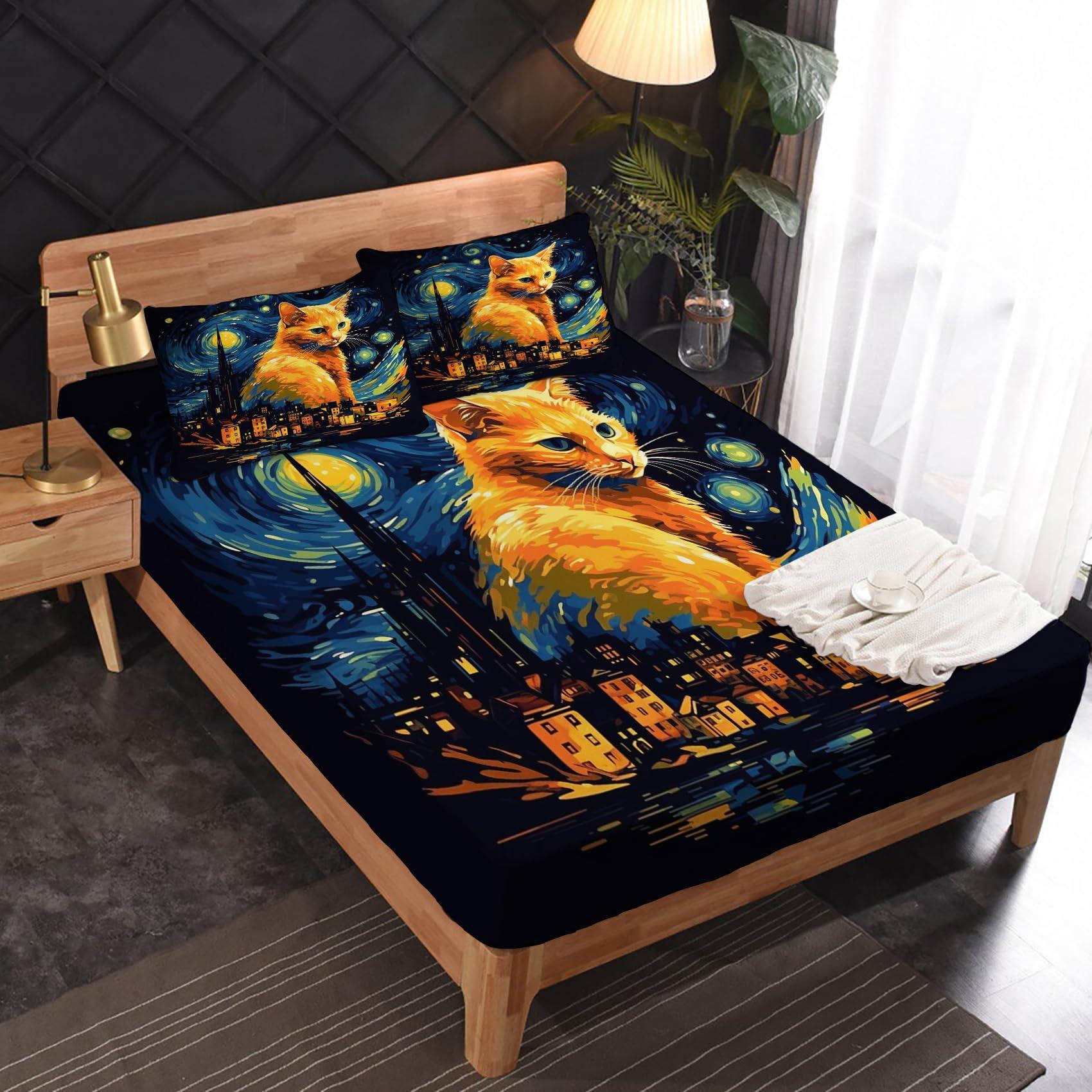 zcsm Cat Sheets California King Sheet Sets - Impressionist Oil Painting Bed Sheets, Soft Microfiber & Deep Pocket & Wrinkle Free Bedding Sheets & Pillowcases, 1 Fitted Sheet, 1 Flat Sheet, 2 Pillow Cases