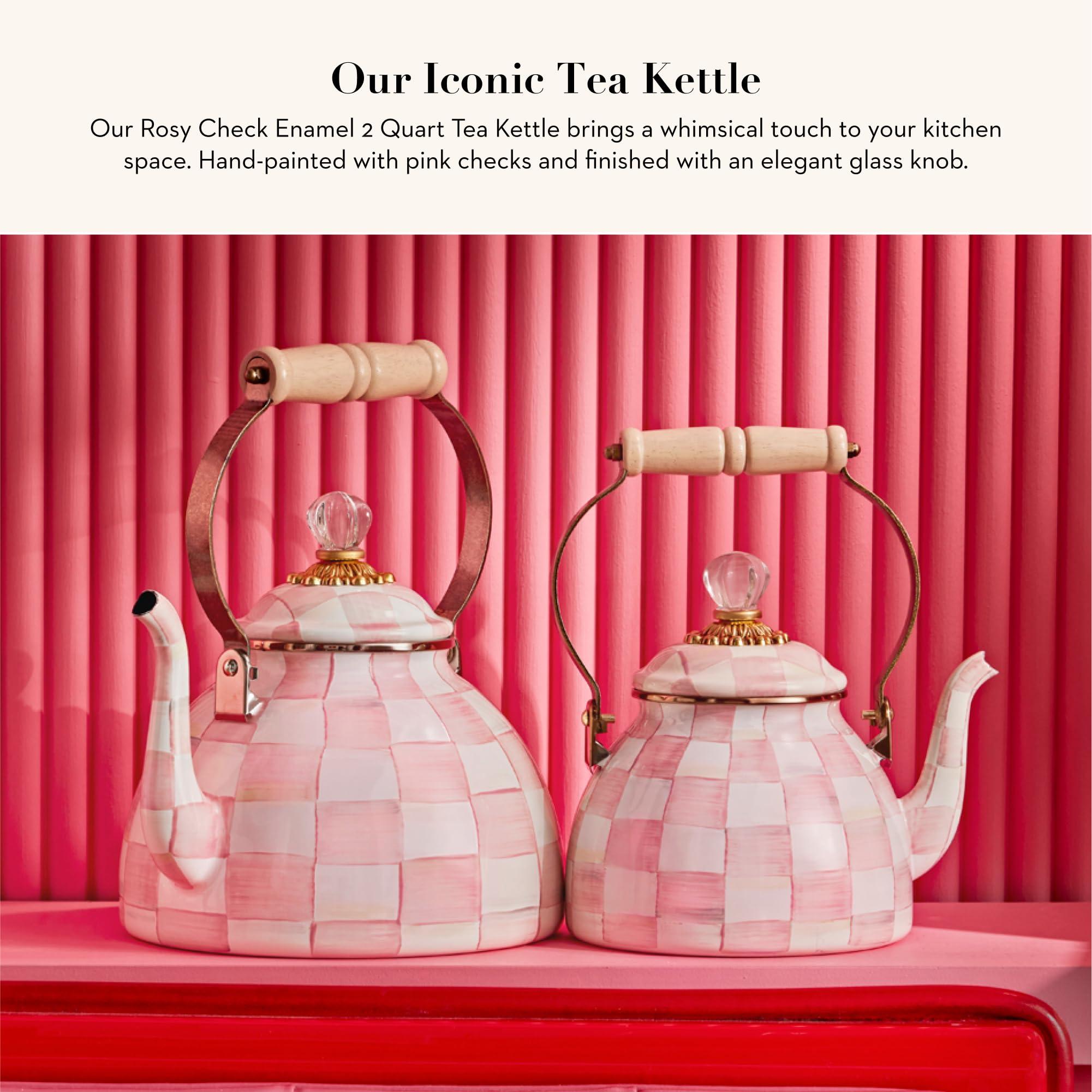 MACKENZIE-CHILDS MACKENZIE-CHILDS Enamel Tea Kettle, Stylish Tea Kettle for Stovetop, Pink-and-White Rosy Check, 2 Quarts