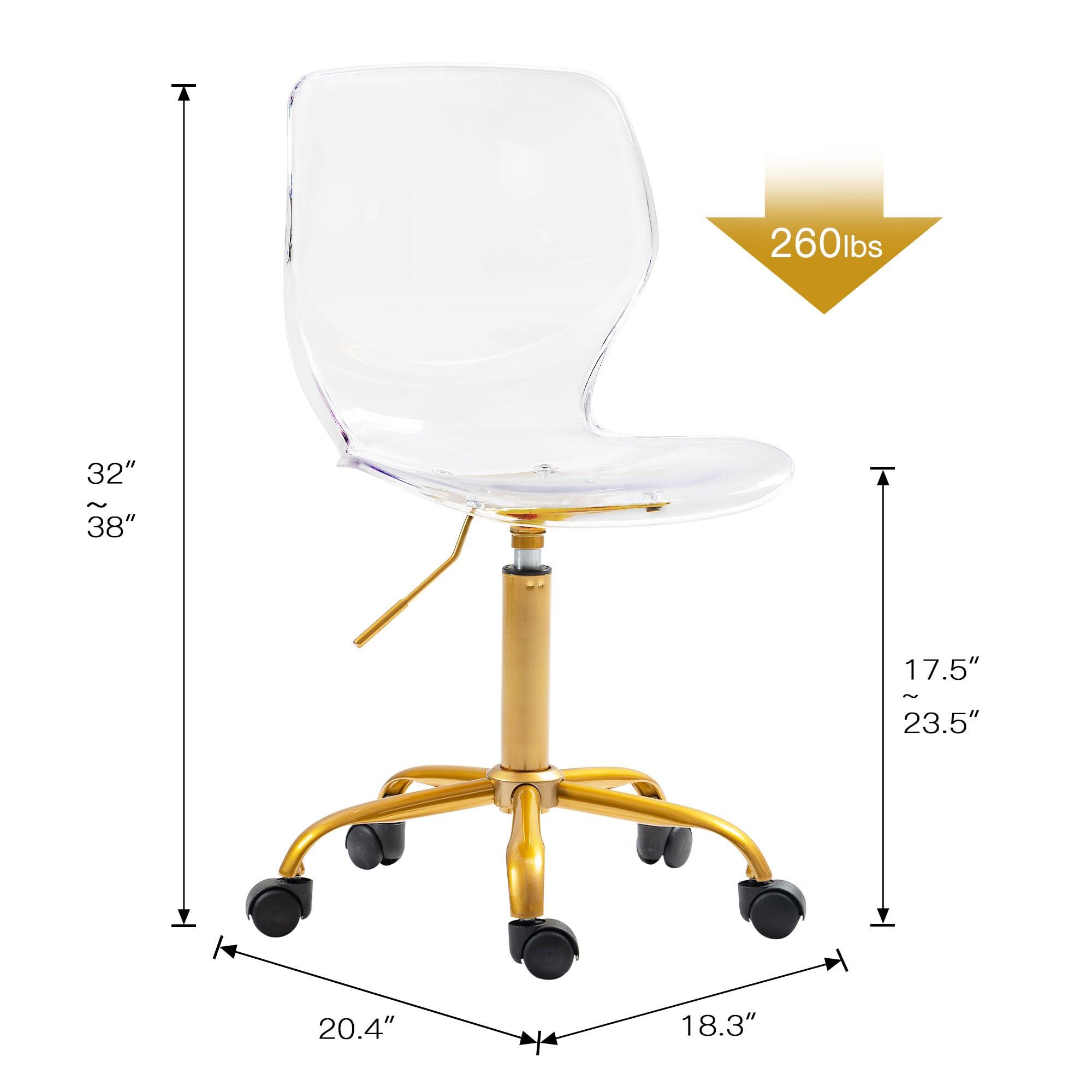 Villeston Villeston Acrylic Clear Desk Chair, Modern Small Cute Armless Vanity Rolling Plastic Chair Home Office Lucite Ghost Curved Chairs Padded with Golden Legs and Adjustable Height, Gold
