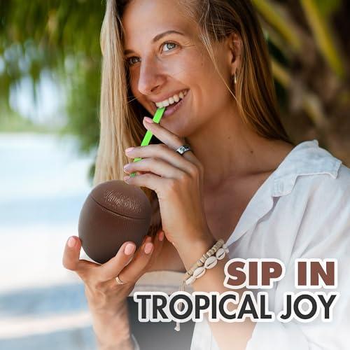 Podzly Podzly - 12 Piece Tropical Luau Theme Coconut Cups - 12 Oz Hawaiian Plastic Mugs with Straw and Removable Lid - Set for Drinking Cups or Party Favors - Perfect for Beach, Pool, and Tiki Parties
