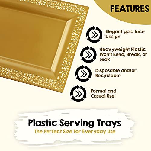 Yumchikel Decorative Plastic Serving Tray & Platter Set (2pk) - Gold Disposable Party Trays & Platters for Food - Weddings, Upscale Parties, Dessert Table, Cupcake Display - 14\"x7.5\" inches-Yumchikel