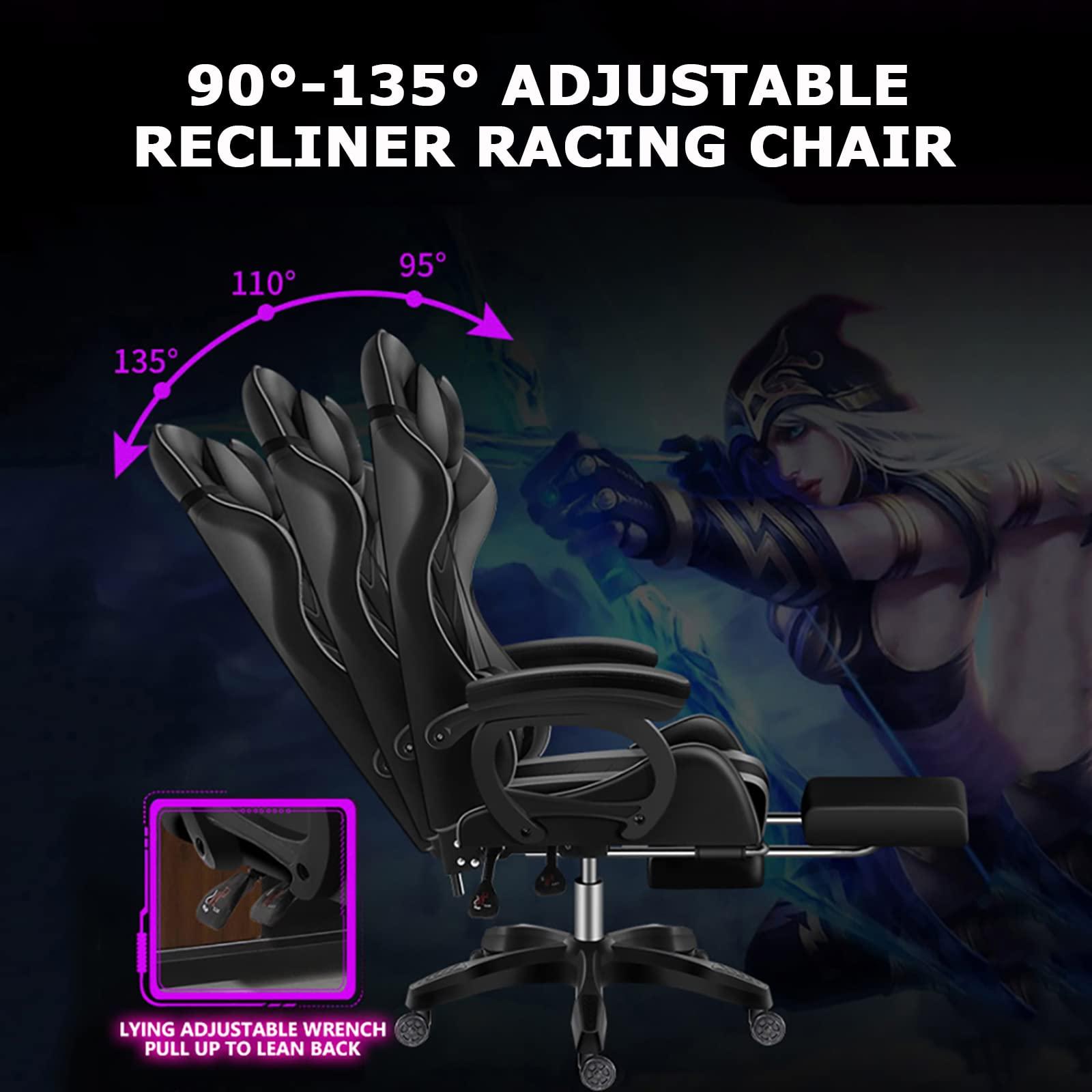 FZYUAN FZYUAN Video Gaming Chairs with LED Light, Bluetooth Speakers Computer Chair with Full Massage Lumbar Support, Ergonomic Pro Gaming Chair for Retractible Footrest and Backrest Adjustable,White