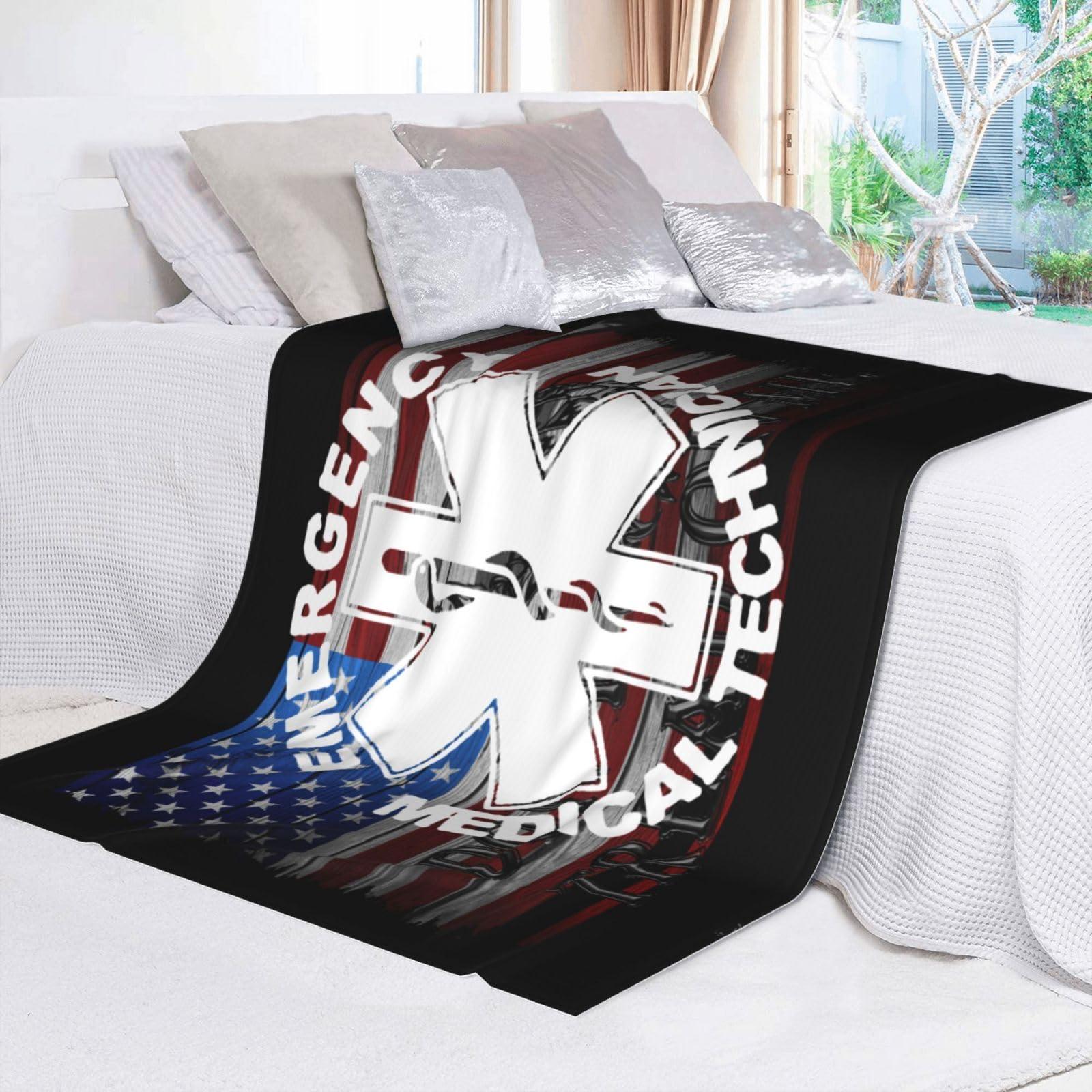 Wxenaiedk American Flag EMS Star of Life EMT Paramedic Medic Throw Blanket for Couch Sofa Or Bed Throw Soft Fuzzy Plush Blanket