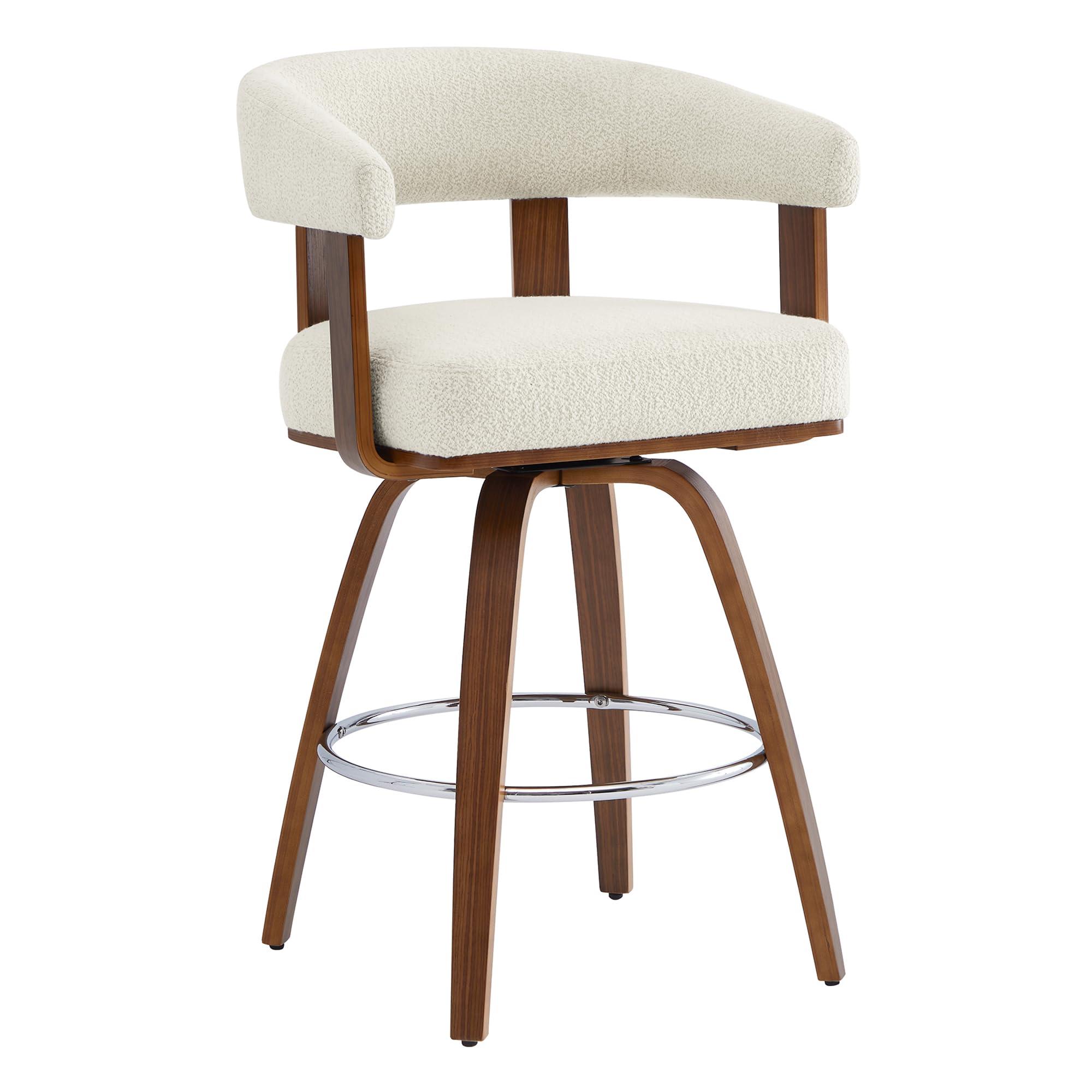CHITA CHITA Swivel Counter Height Barstools Set of 2, FSC Certified Polyester Upholstered Bar Stools with Back and Armrest for Kitchen Island Home Bar, 27\" Seat Height, Cream with Walnut Frame