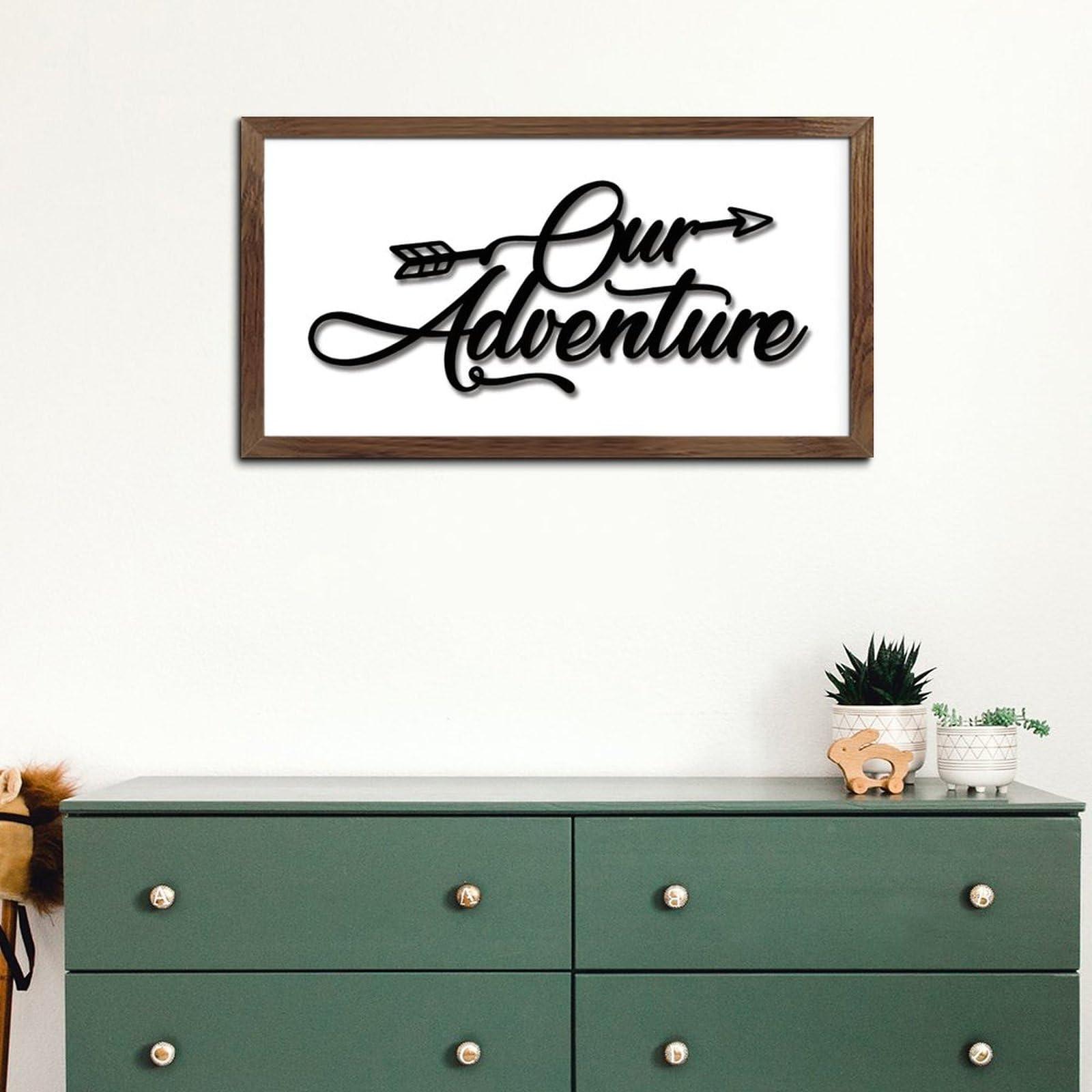 WSDESDEC Our Adventure Wood Framed Printed Sign Family Wall Art Decor Farmhouse Nature Mountain Forest Signs Custom Wood Signs for Dinning Room Nursery Window 12x22in