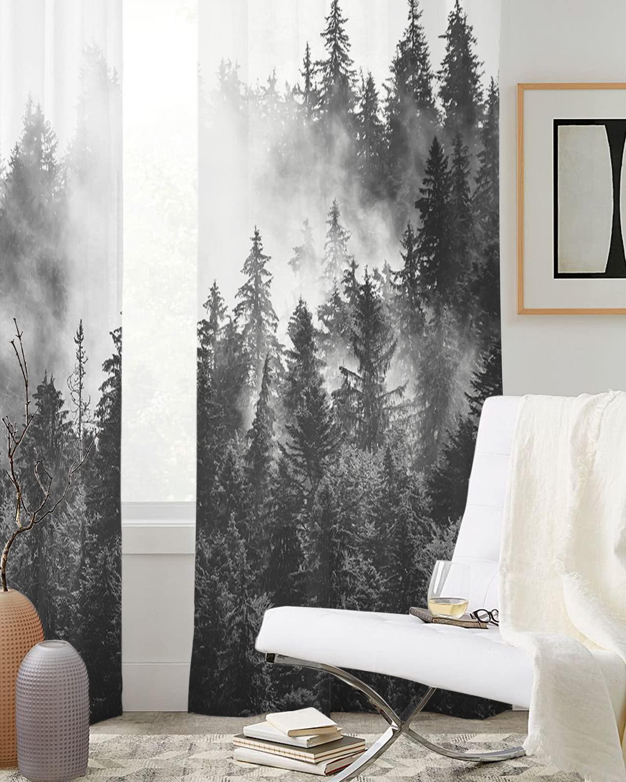 Tersuger Sheer Curtains 39 inches Long for Living Room, Summer Photography Black and White Forest Window Treatments Curtains Light Filtering Grommet Semi Sheer Drapes for Bedroom Kitchen Decor,2 Panels