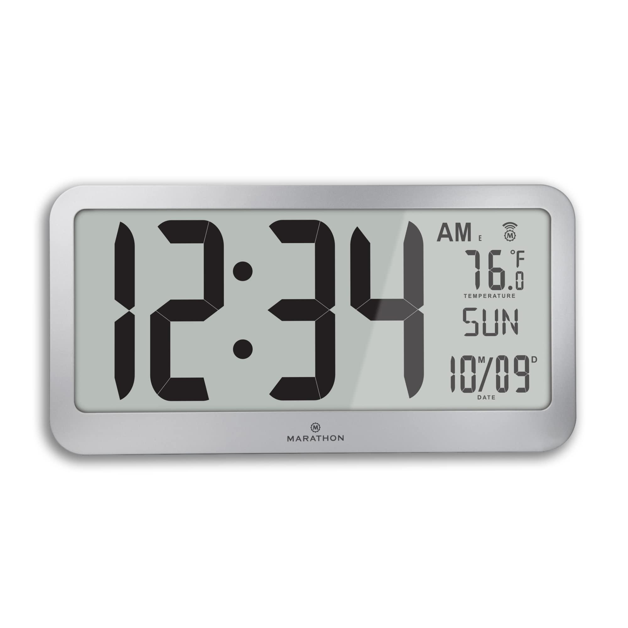 MARATHON Marathon Slim Jumbo Panoramic Atomic Wall Clock with Date and Indoor Temperature. Commercial Grade with Big 6-Inch Numbers, Alarm and Table Stand. Batteries Included (Graphite Grey)