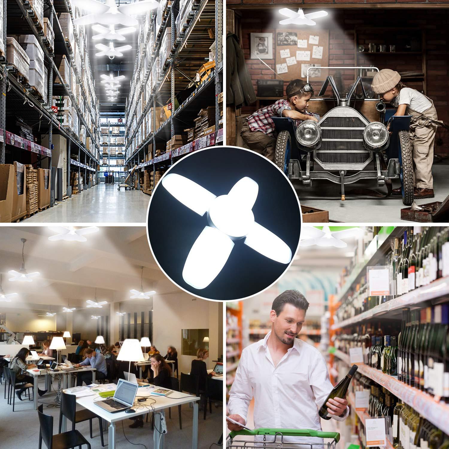 Exulight LED Garage Lights,Exulight 60W Led Garage Ceiling Light 6000LM Daylight,Deformable Light Bulbs 60 Watt Work Light,E26/E27 Shop Lights for Garage Barn Warehouse Workshop Lighting