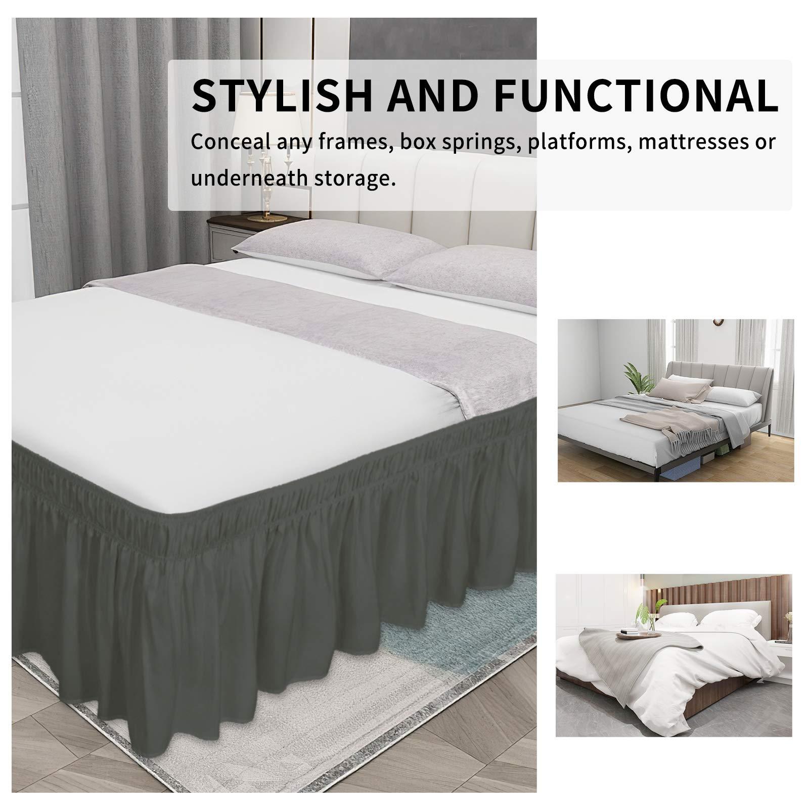 Star Linen Wrap Around Bed Skirts for Full Beds 16 Inches Drop, Dark Grey Elastic Dust Ruffles Easy Fit Wrinkle & Fade Resistant Silky Luxurious Fabric Solid Machine Washable