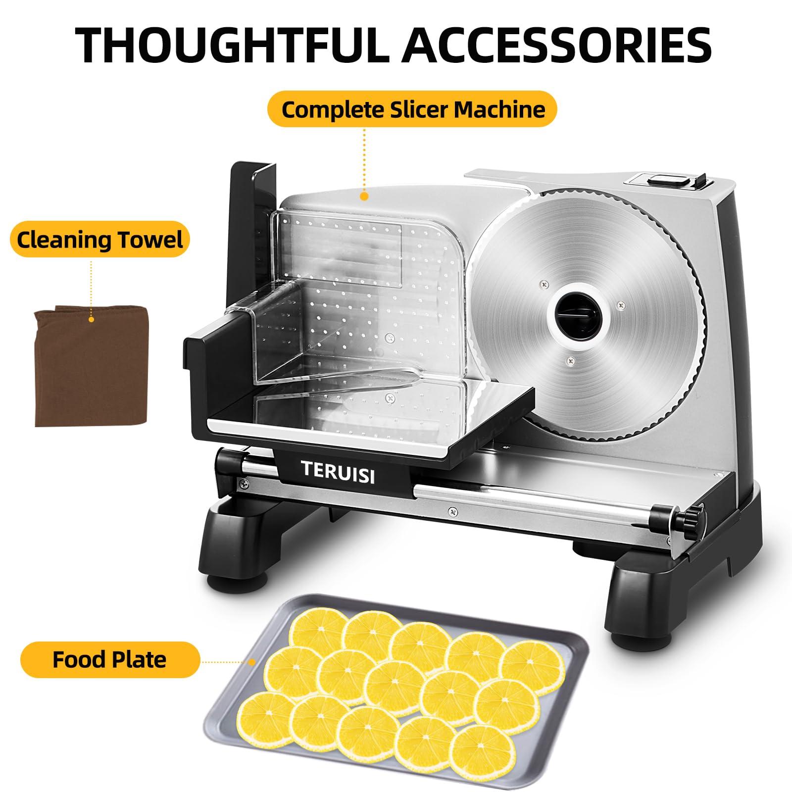 TERUISI TERUISI Electric Meat Slicer, 200W 110V Food Slicer with 2 Stainless Steel 7.5\" Blades, 0-18mm Adjustable Thickness, Meat Cutter Machine with Food Tray, Towel for Home Use, Meat, Fruit, Bread, Cheese