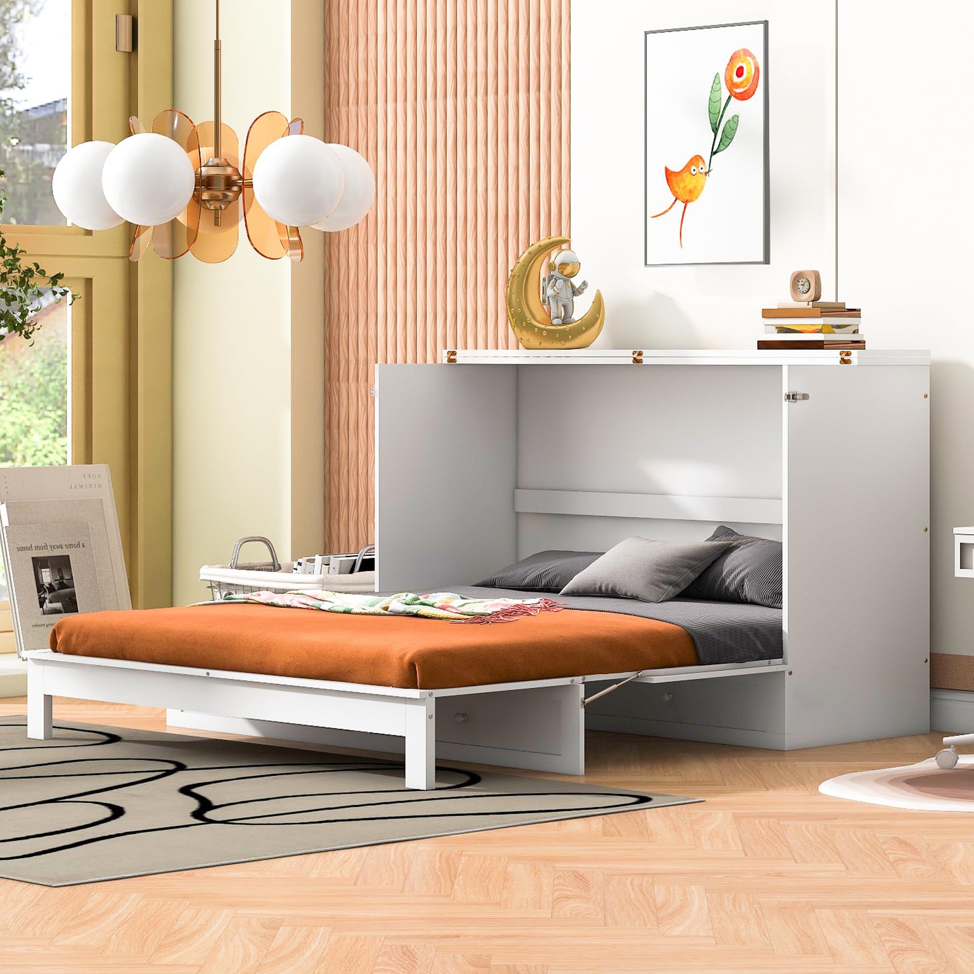 P PURLOVE P PURLOVE Queen Murphy Bed with Large Drawer, Wood Cabinet Bed with USB Ports and Three-Prong Outlets, No Box Spring Needed (White)