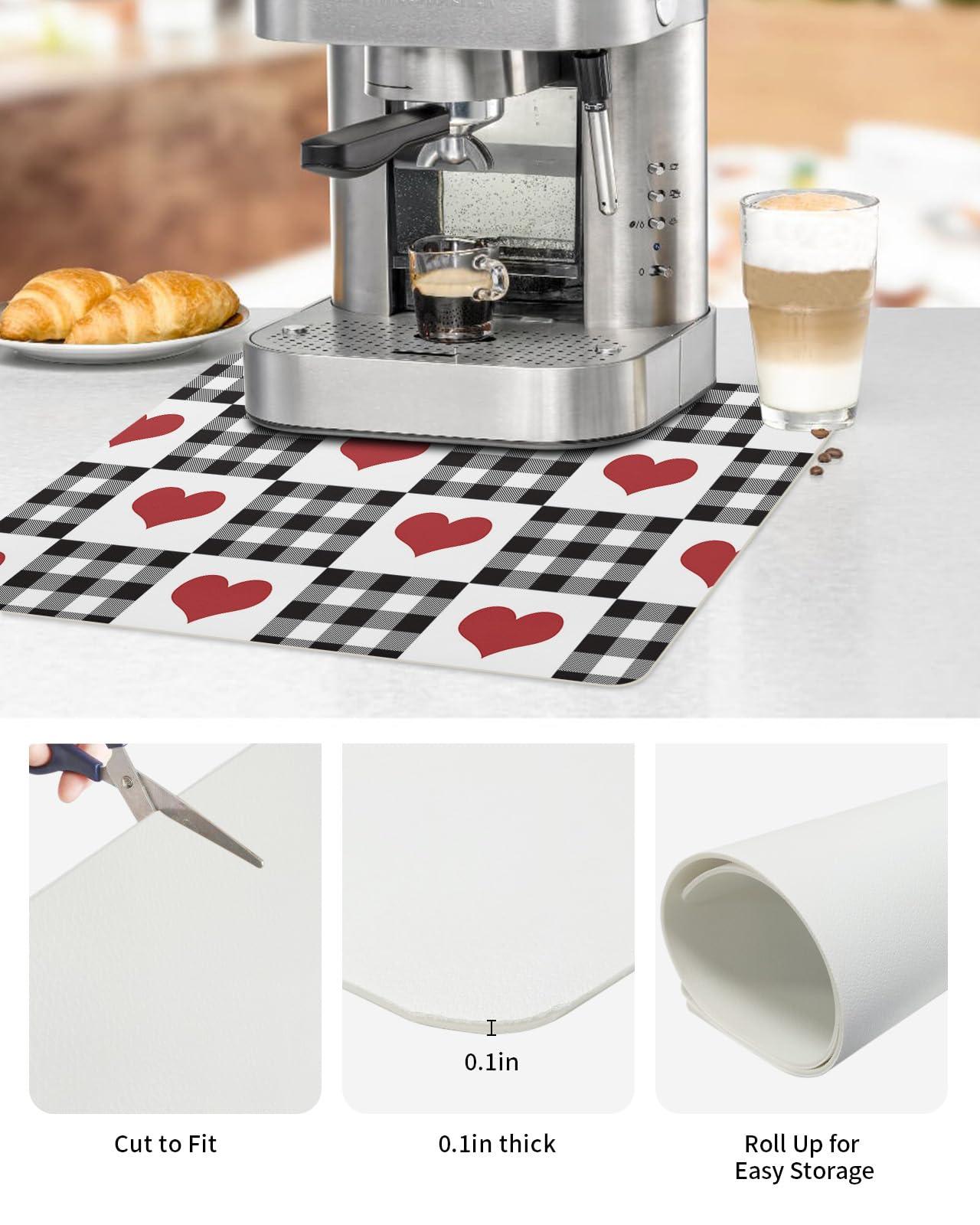LaBLUUX Coffee Mat for Counter,Valentine\'s Day Red Heart Buffalo Plaid Black White Absorbent Hide Stain Coffee Bar Mat,Non-slip Coffee Bar Accessories Kitchen Drying Mat Fit Under Coffee Maker