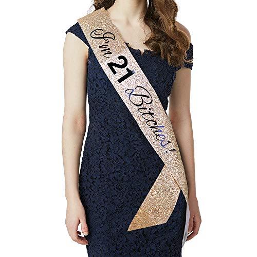 ADBetty \"I\'m 21 Bitches!\" Sash & Rhinestone Tiara Set - 21st Birthday Gifts Birthday Sash for Women Fun Party Favors Birthday Party Supplies (Gold Glitter with Black Lettering)