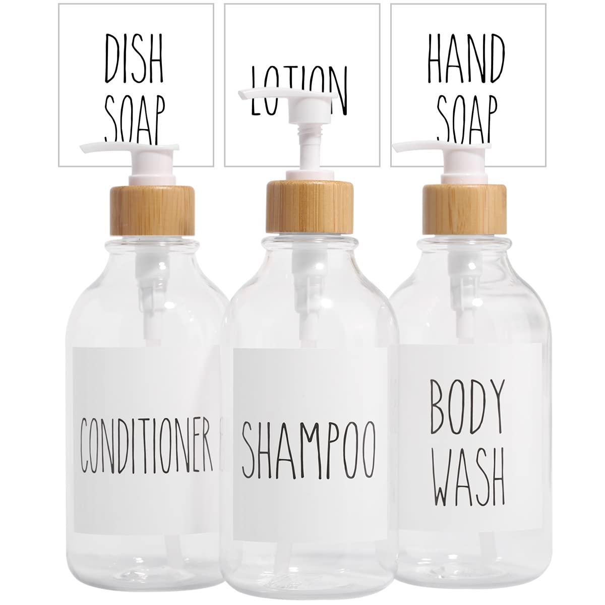 Basedidea Shampoo and Conditioner Dispenser-Set of 3-16 oz Reusable Pump Bottle Dispenser for Bathroom with 6 Waterproof Stickers - Empty Plastic Refillable Containers for Shower (Clear)