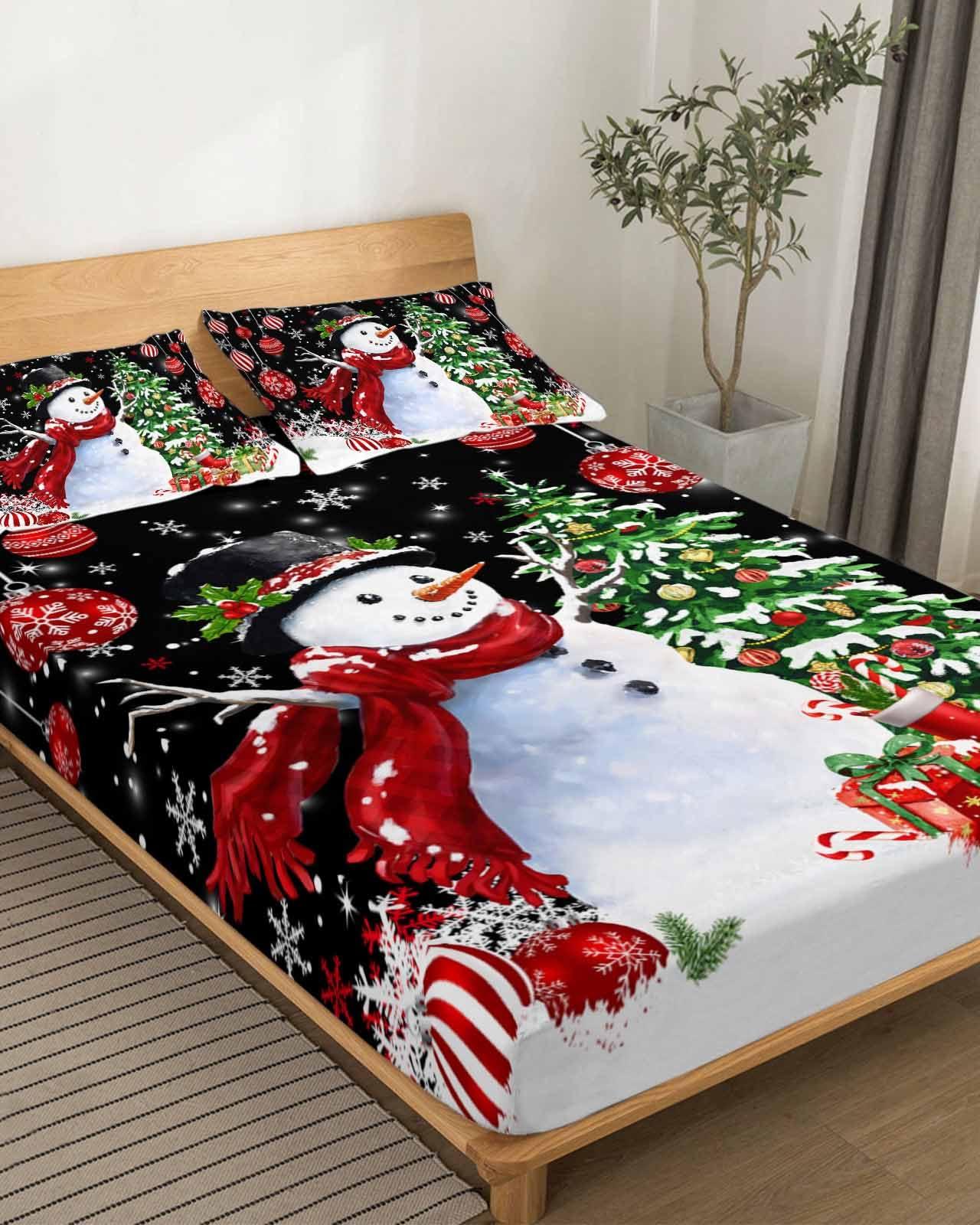 Smile Sunflower California King Bed Sheets and Pillowcase Set, Christmas Eve Cute Untreated Snowman Xmas Tree Snowflake Ultra Soft Cooling Bed Flat Sheet, Deep Pocket Fits 15.8\" Mattress Wrinkle Free Sheets 4 Piece