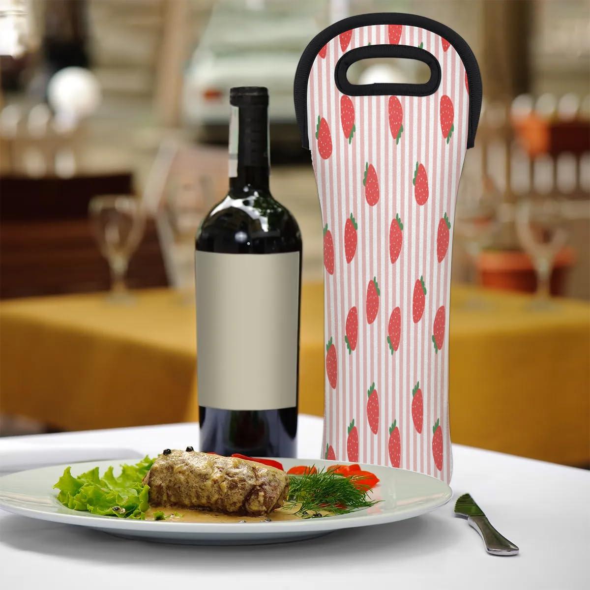 QsirBC Fruits Strawberries Pattern Wine Gift Tote Bag Neoprene Single Bottle Holder 750ml Wine Carrier Bags for Travel Wedding Festival Favors 5.1 X 15.6 In