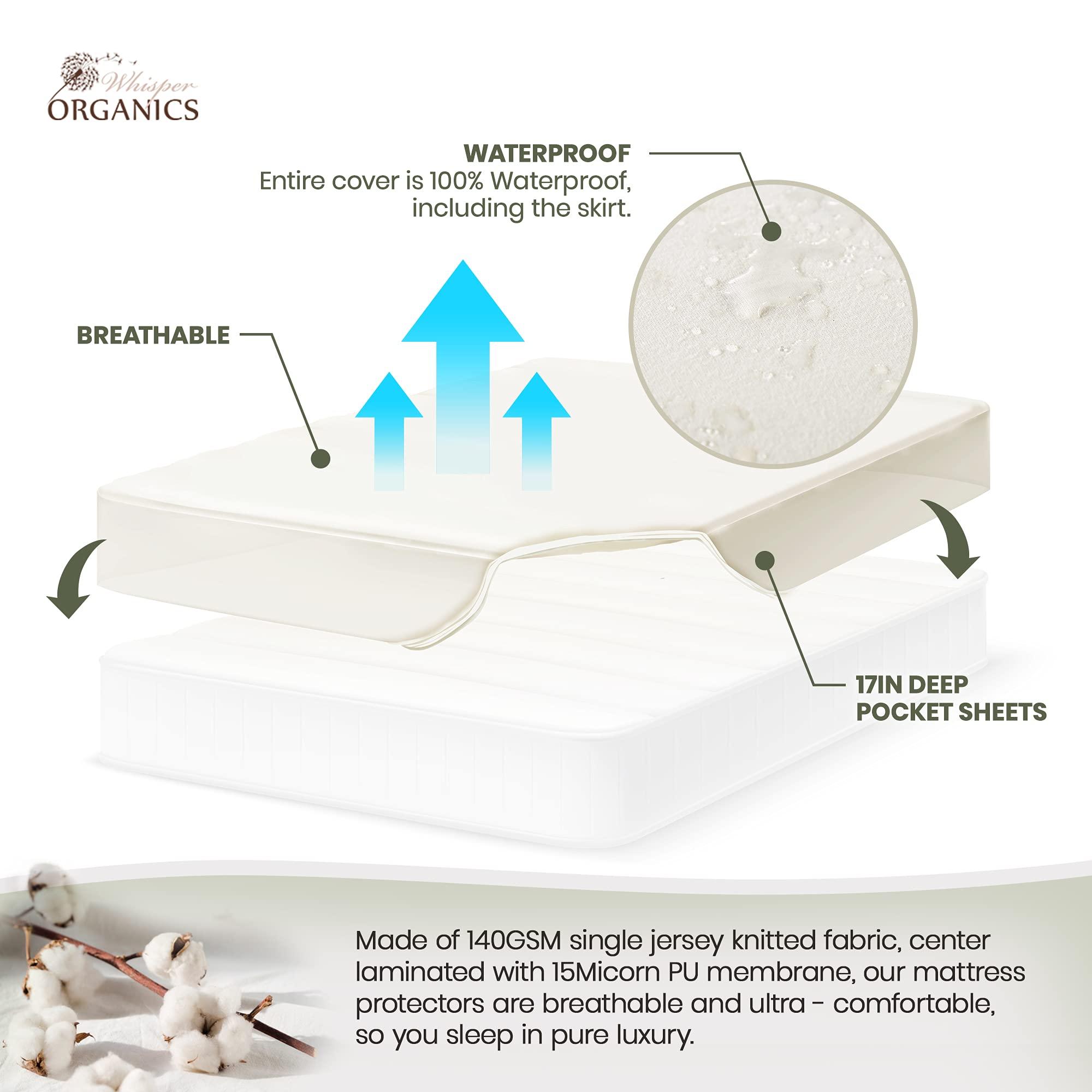 Whisper Organics Organic Waterproof Mattress Protector Queen Size - 100% Waterproof Mattress Pad with Quiet & Breathable Triple Layer Protection - Fairtrade & GOTS Certified Durable Machine Washable Design (Queen)