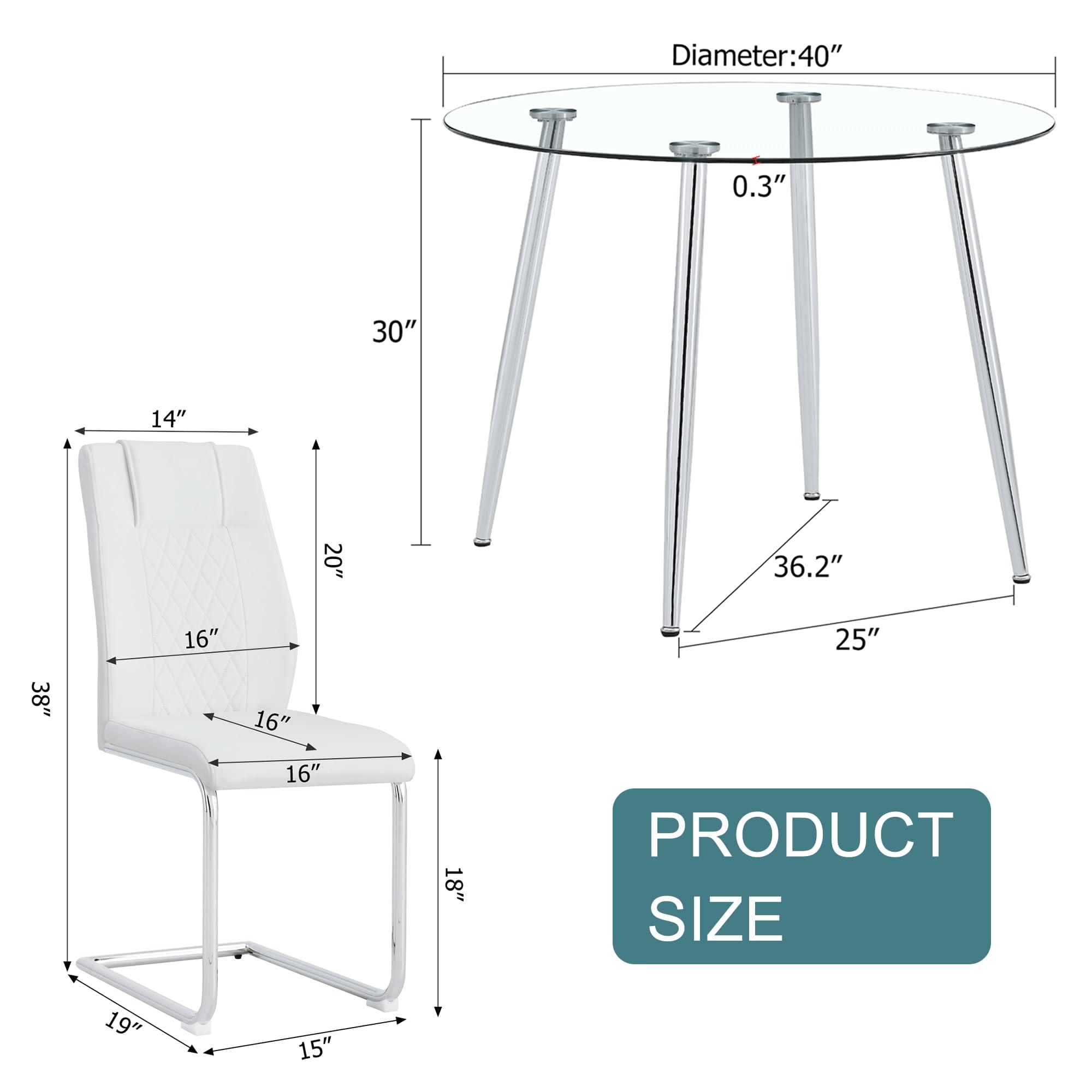 WEKEOT WEKEOT 40'' Modern Glass Dining Table Set for 4 Round Kitchen Table and Chairs Set Thick Glass Round Dining Room Table Set with Upholstered Chairs(1Table+4White Chairs)