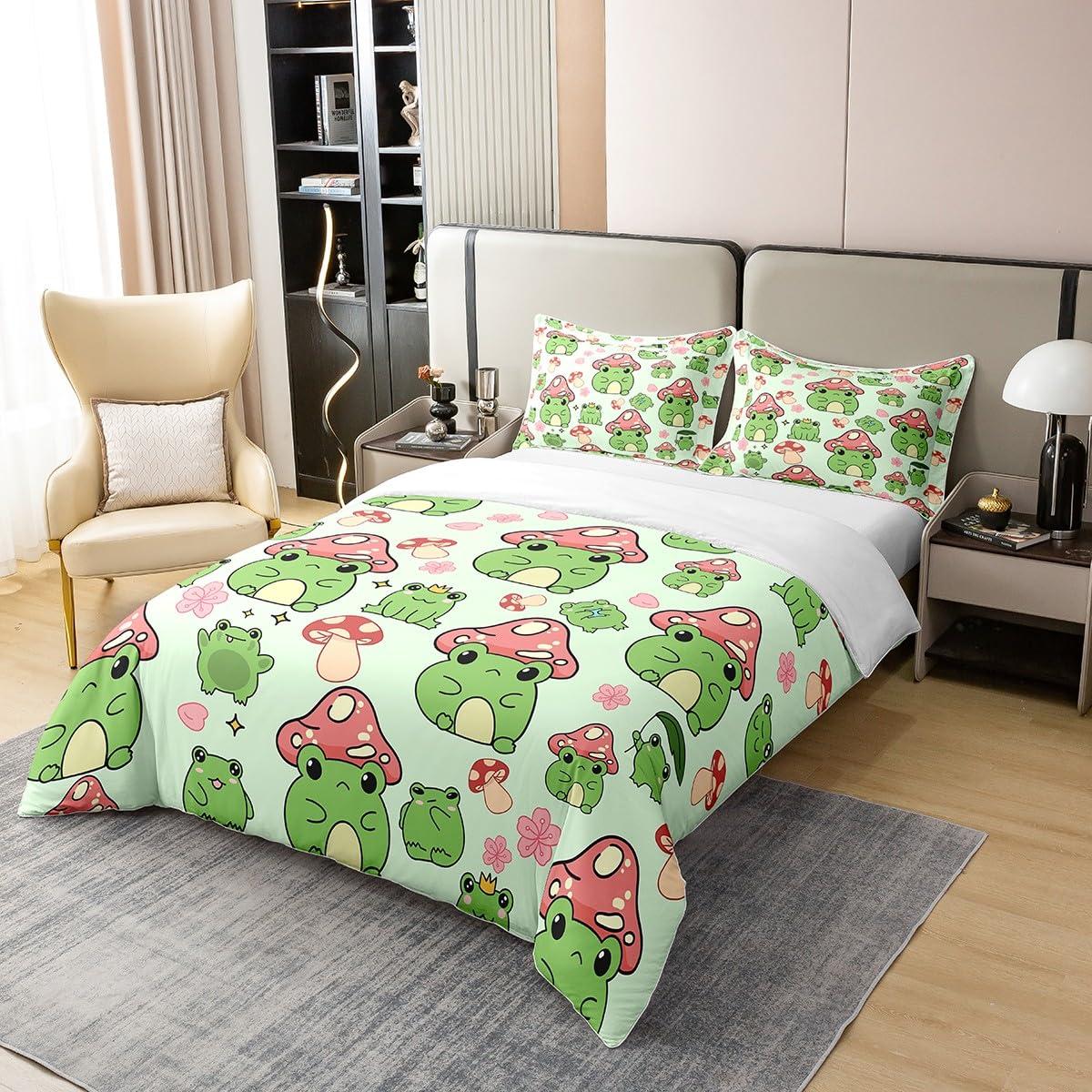 Castle Fairy Mushroom Frog 100% Organic Cotton Comforter Cover Cute Mushroom Duvet Cover Set Queen Size for Bedroom Cartoon Animals Plants Bedding Set with 2 Pillowcases(Not Comforter)
