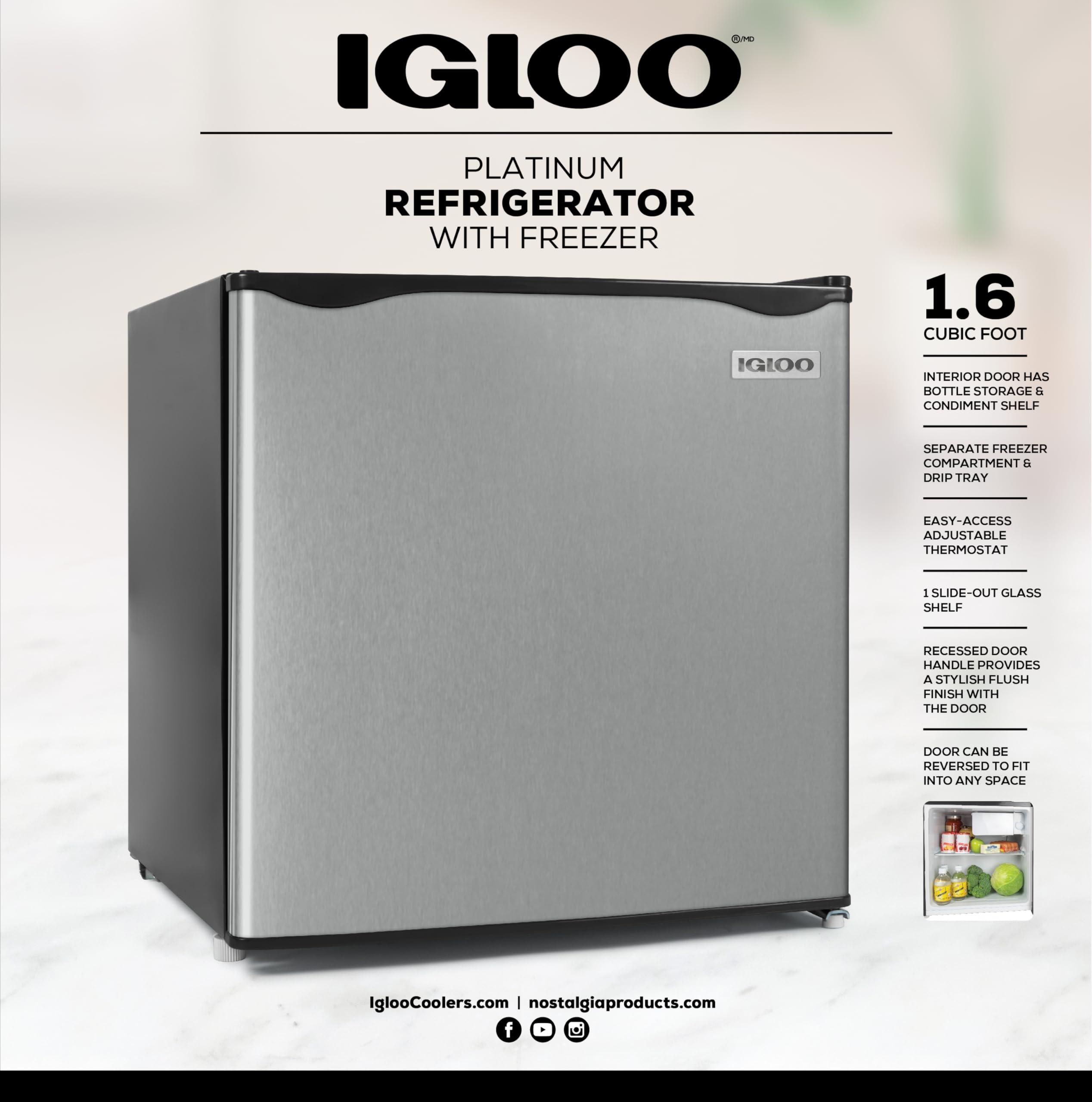 Igloo Igloo 1.6 Cu.Ft. Compact Refrigerator, Adjustable Thermostat, Glass Shelves, Includes Scraper, Ice Cube Freezer Drip Tray, Platinum