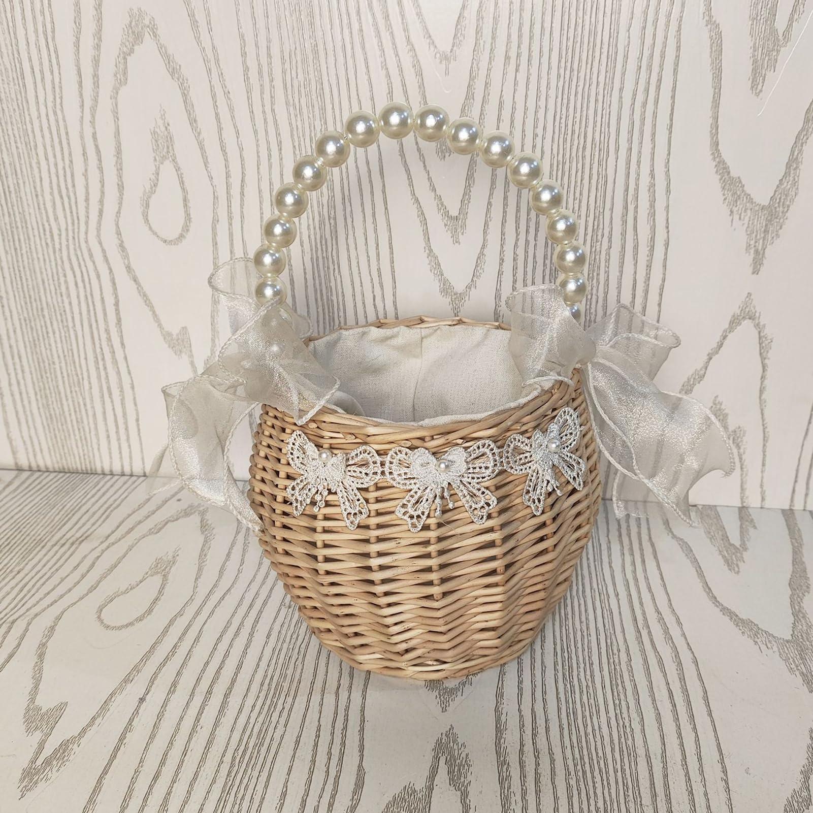 JUOPZKENN JUOPZKENN Rattan Flower Basket,Pearl Flower Girl Basket Rattan Basket Flower Girl Bag Rustic Flower Girl Basket Wicker Basket for Wedding Flower Girl Accessories(18cm / 7.1in-White 2)