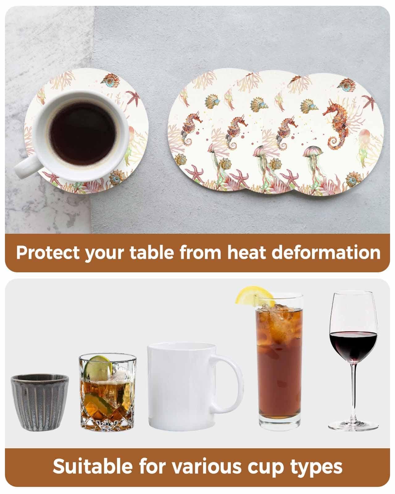 EwdeWwo Ocean Absorbent Coaster for Drinks with Cork Summer Marine Life Nautical Seahorse Starfish Ceramic Coasters Set for Room Decor, Bar, Housewarming, Holiday Party (6-Piece Set with Holder)