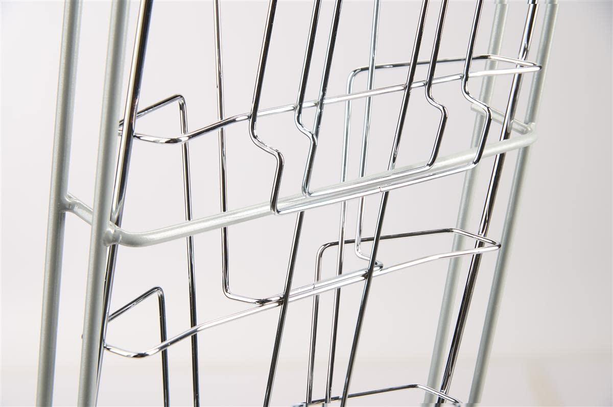 Displays2go Portable Literature Stand with 10 Pockets for 8.5x11 Magazines, Carrying Bag Included, 54\"h Floor-Standing Magazine Rack with Tiered Design, Steel (Silver)