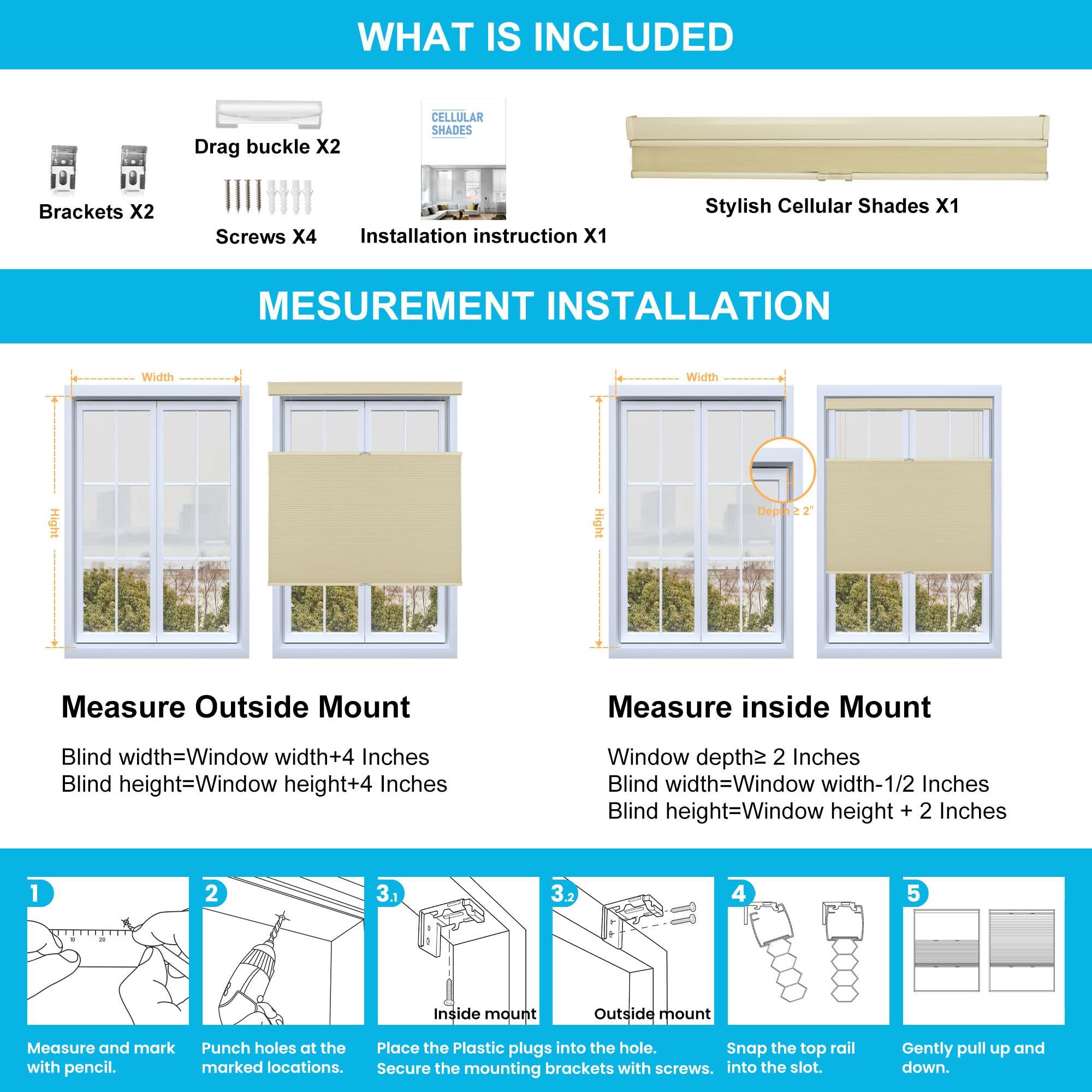 Sulugood Sulugood Top Down Bottom Up Cellular Shades,Blackout Honeycomb Blinds,Easy Install Cordless Cellular Blinds for Window,Beige,64" W x 64" H
