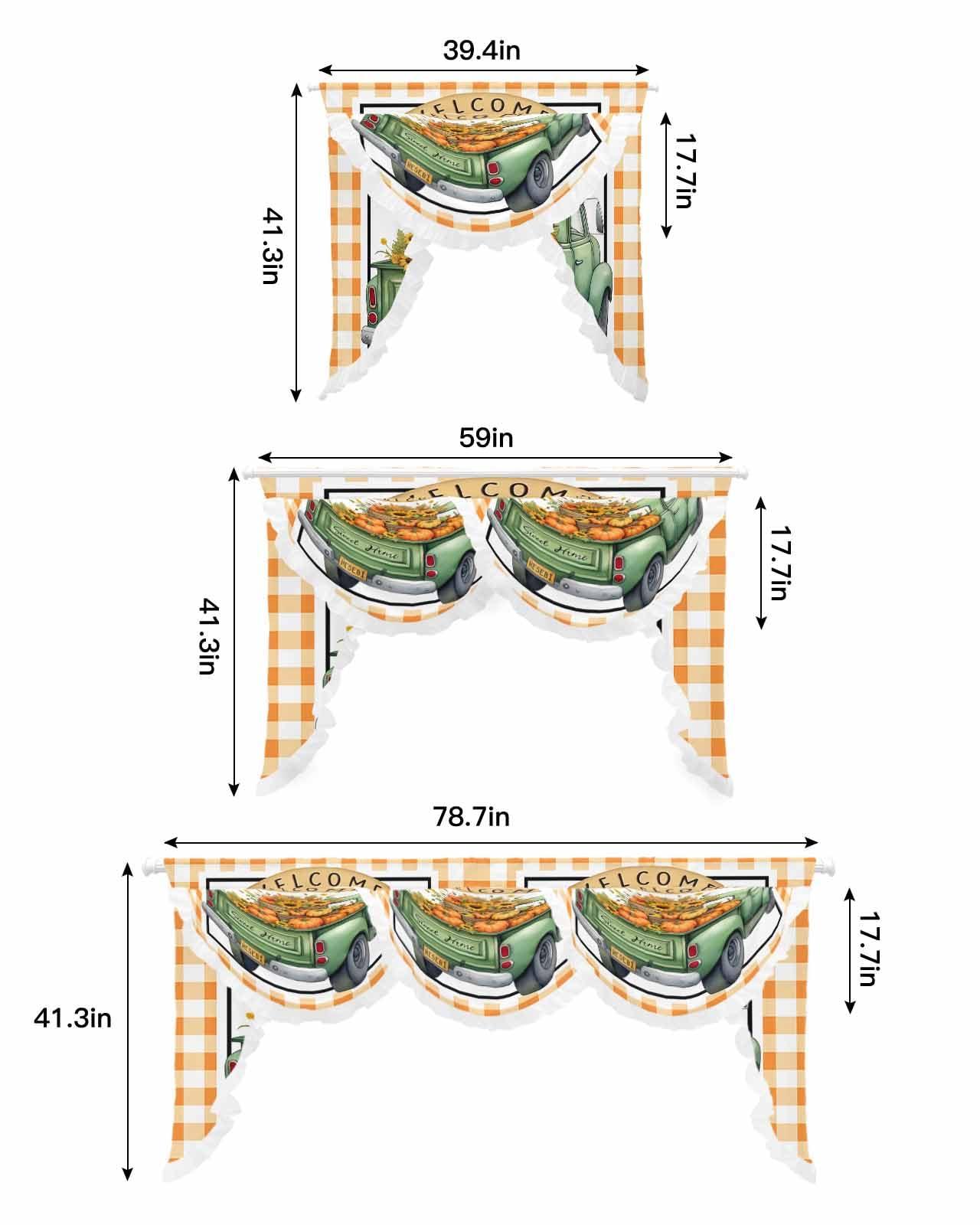 Edwiinsa Fall Green Truck Pumpkin Swag Waterfall Valance for Living Room/Bedroom, Window Curtain Valance Swag with Ruffles Thanksgiving Buffalo Plaid Orange Rod Pocket Tailored Swag Topper Curtains 59\'\'x41.3\'\'
