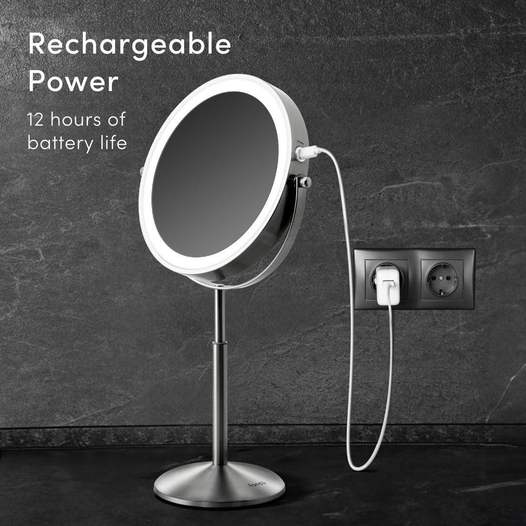 Fancii Fancii 9-Inch Lighted Makeup Mirror Height Adjustable with 10X /1X Magnification - Rechargeable, Double Sided LED Vanity Mirror with Light and Stand, 360 Swivel (Hailey)