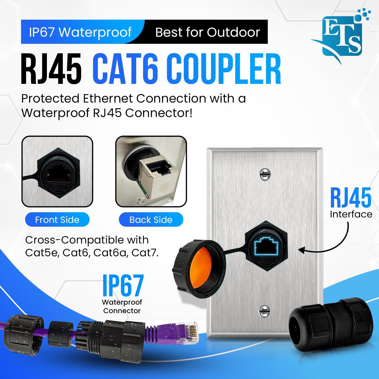 ETS Ethernet Wall Plate with RJ45 Wall Plate Connector IP67 Waterproof Ethernet Wall Outlet for Outdoor Use Stainless Steel Cat5e, Cat6 and Cat 6a Female to Female Bulkhead Jack
