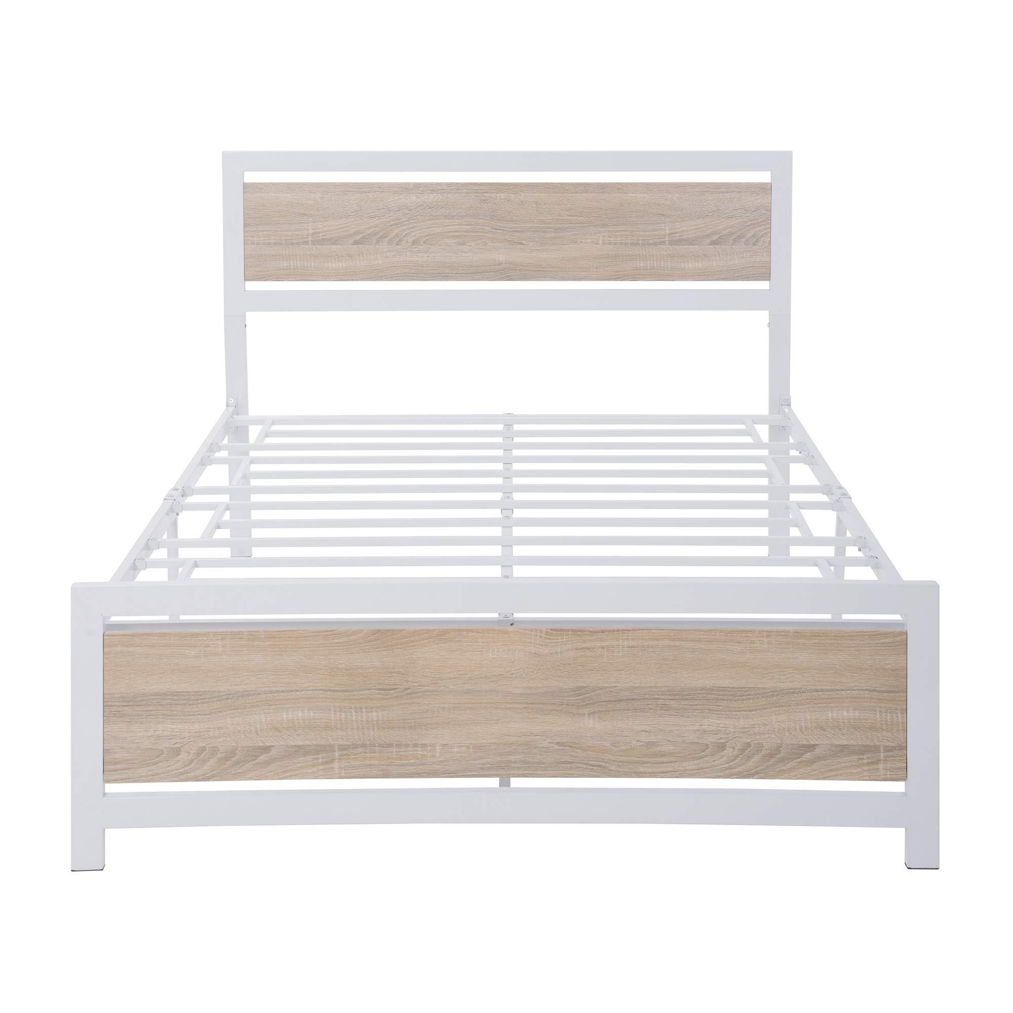 Merax Full Size Platform Bed, Metal Full Bed Frame with Wood Headboard and Footboard, No Box Spring Needed, White