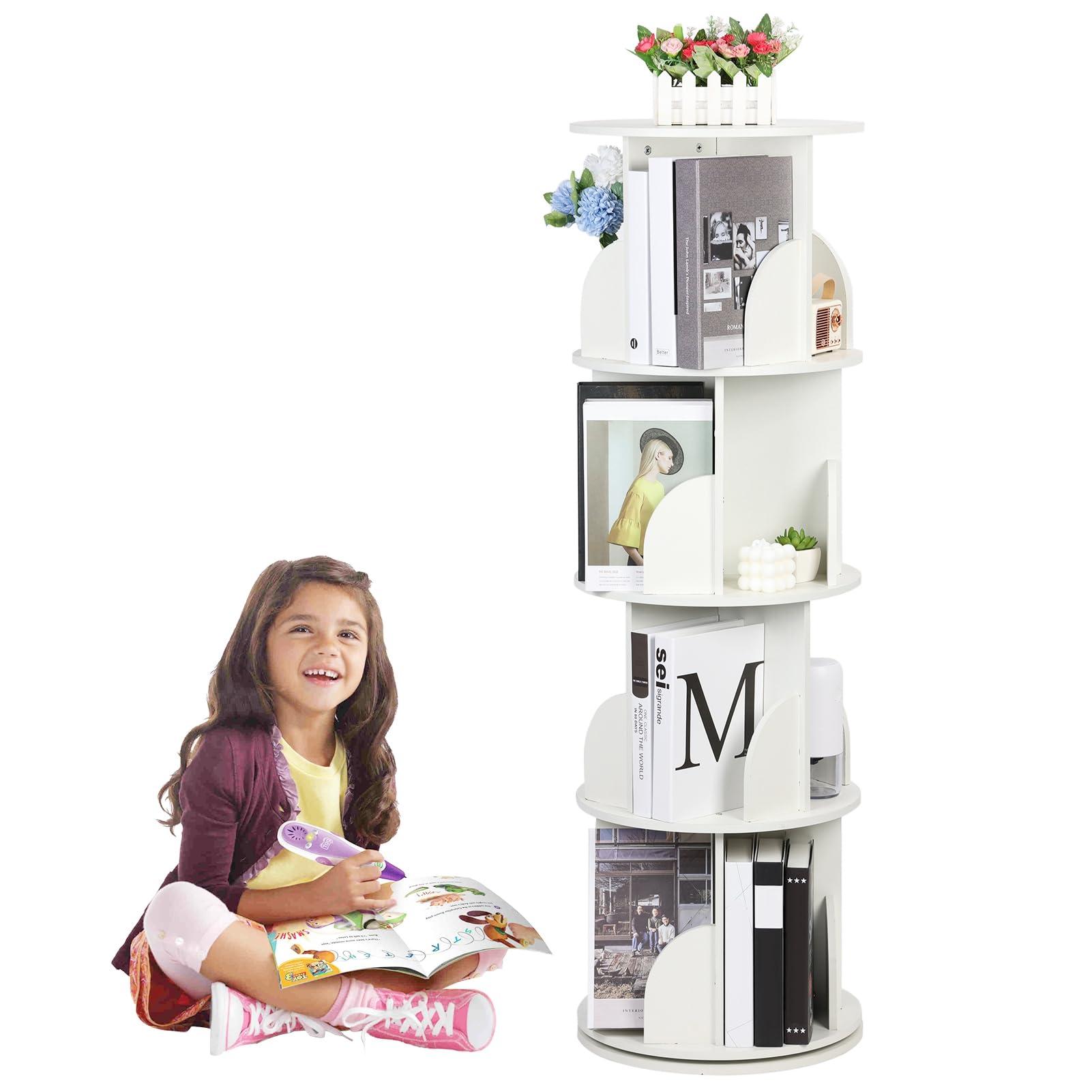 Makamsui Makamsui Rotating Bookshelf, 4 Tier Rotating Bookshelf Tower Floor Standing Bookcase, Small Corner Bookshelf Storage Rack for Small Space, Wood Narrow Book Shelf Organizer for Bedroom, Living Room Wh